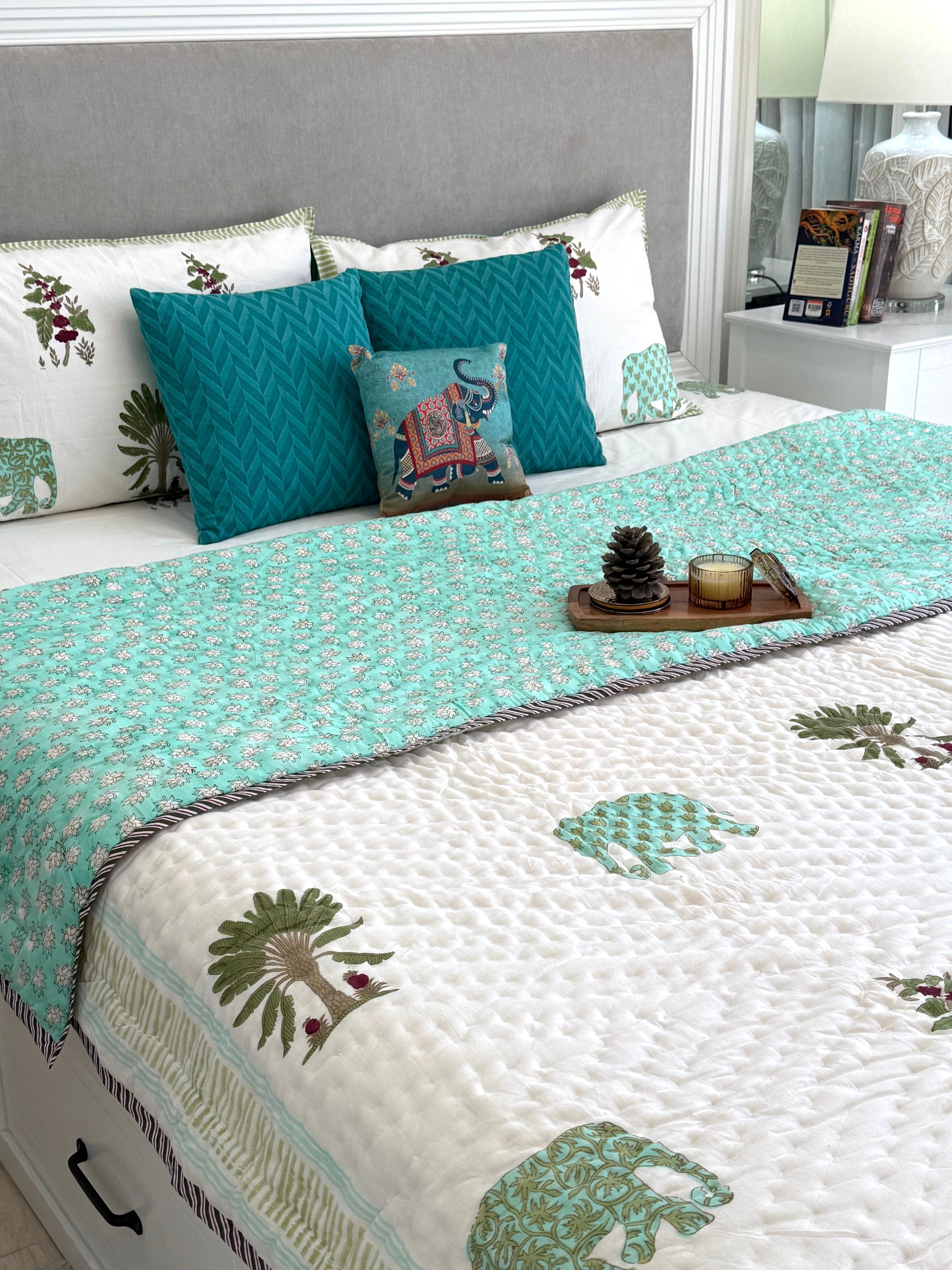 Handblock Print (Reversible) Mulmul Quilt – Green Palm and Elephant