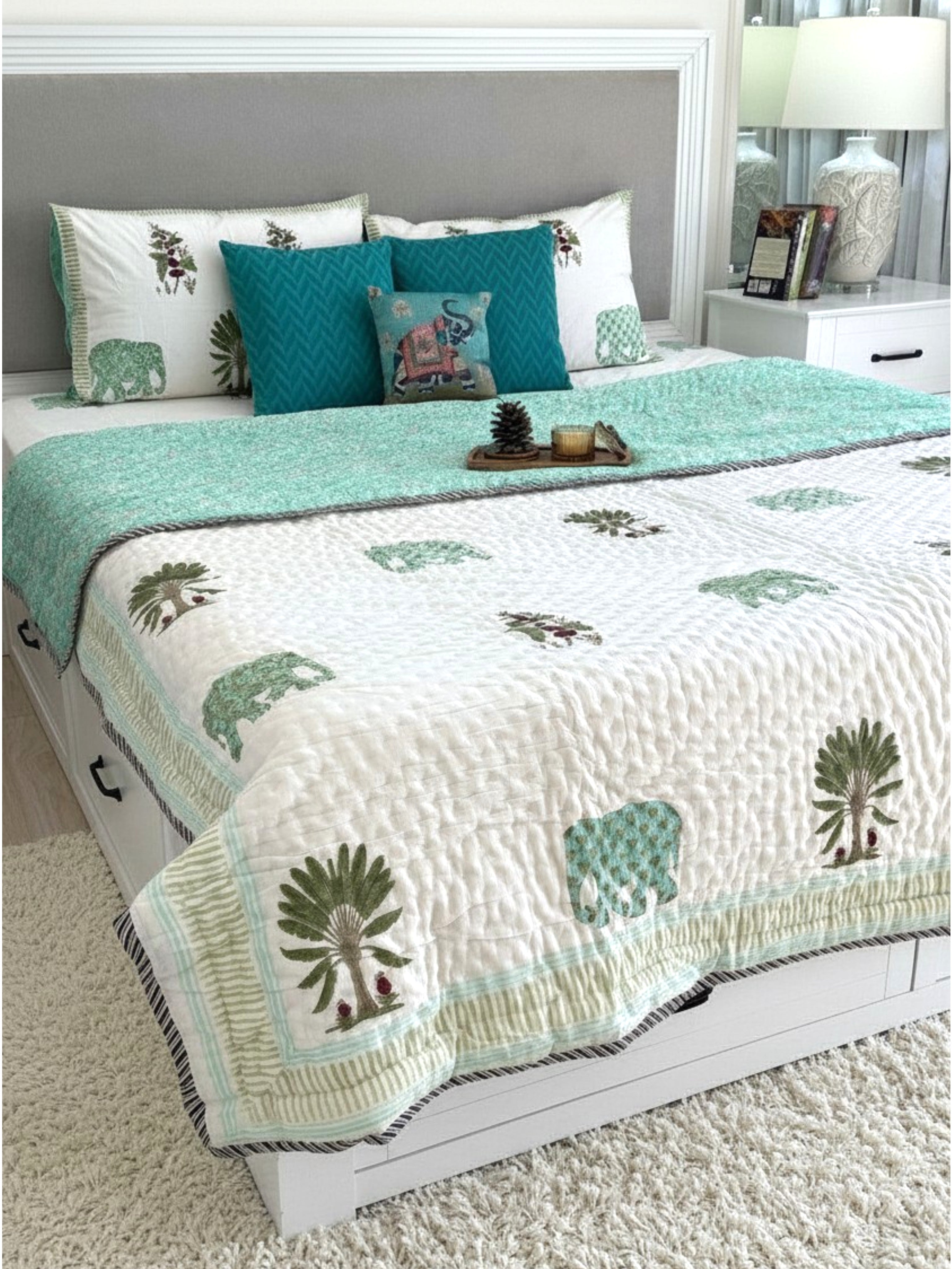 Handblock Print (Reversible) Mulmul Quilt – Green Palm and Elephant