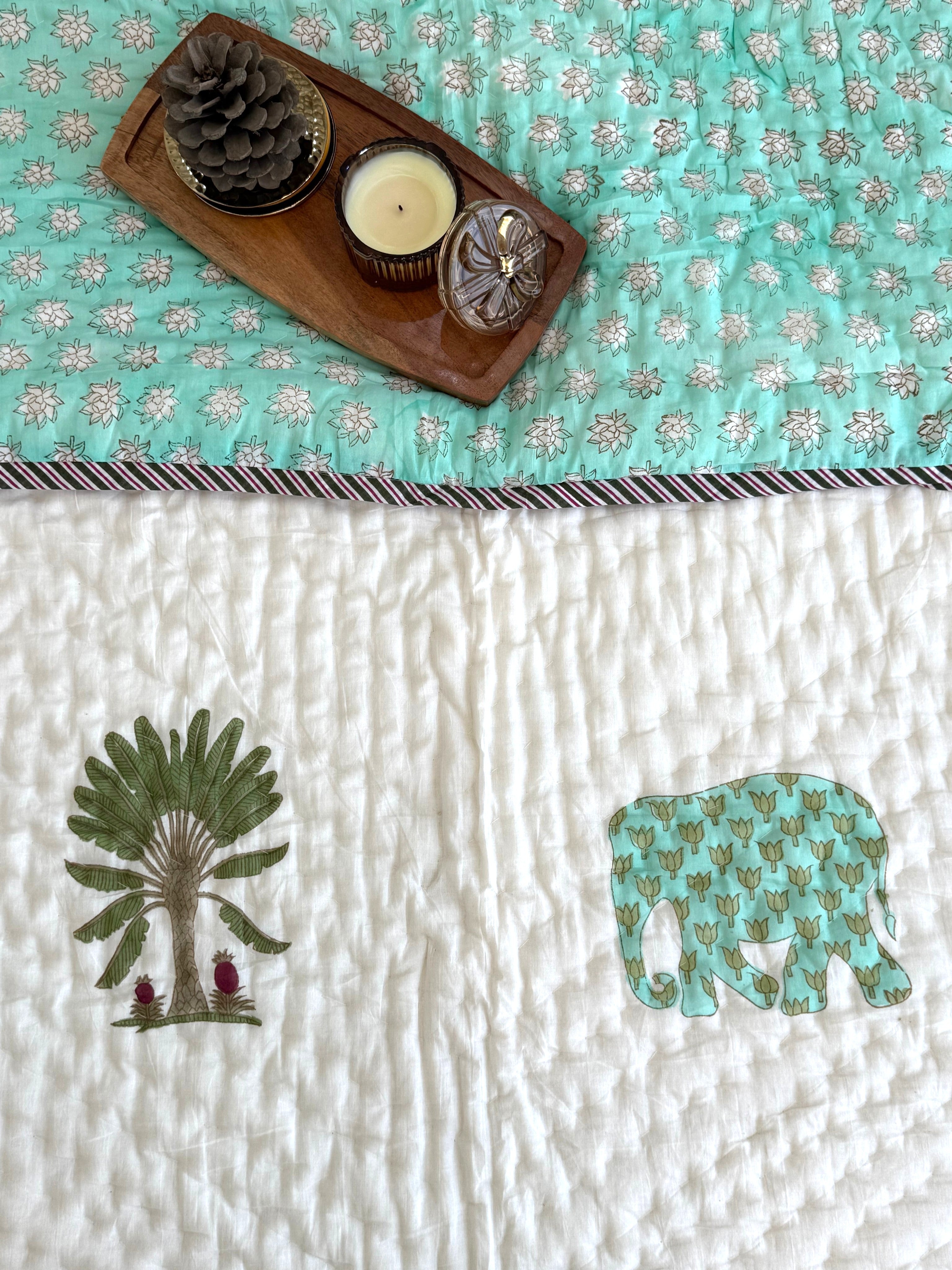 Handblock Print (Reversible) Mulmul Quilt – Green Palm and Elephant