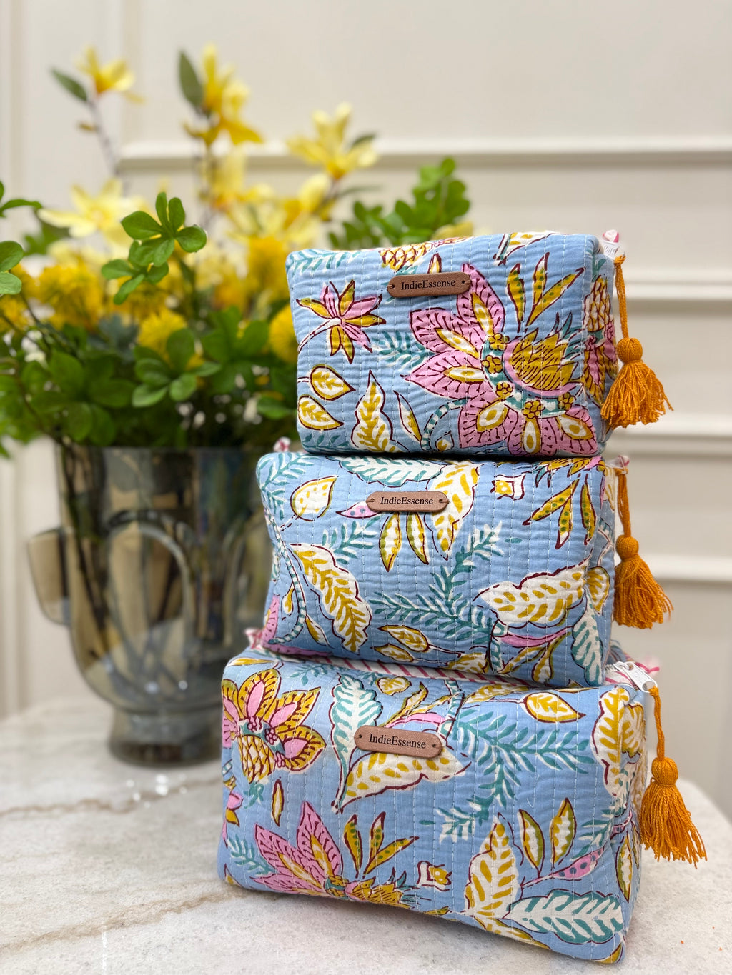Blue Floral 3 Piece Travel Kit Organizers