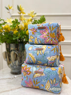 Blue Floral 3 Piece Travel Kit Organizers