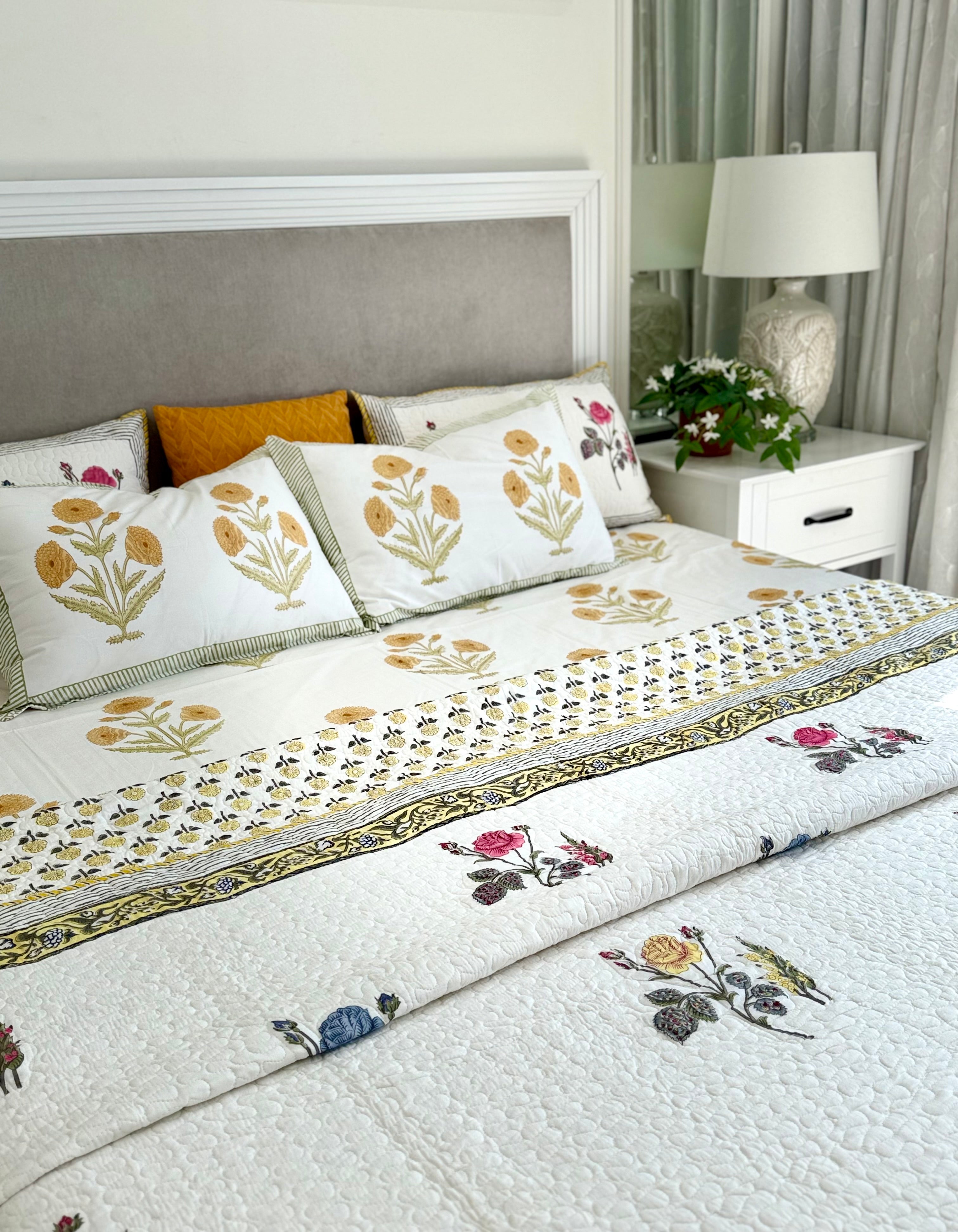 Handblock Printed (Reversible) Quilted Bedspread - Yellow Roses