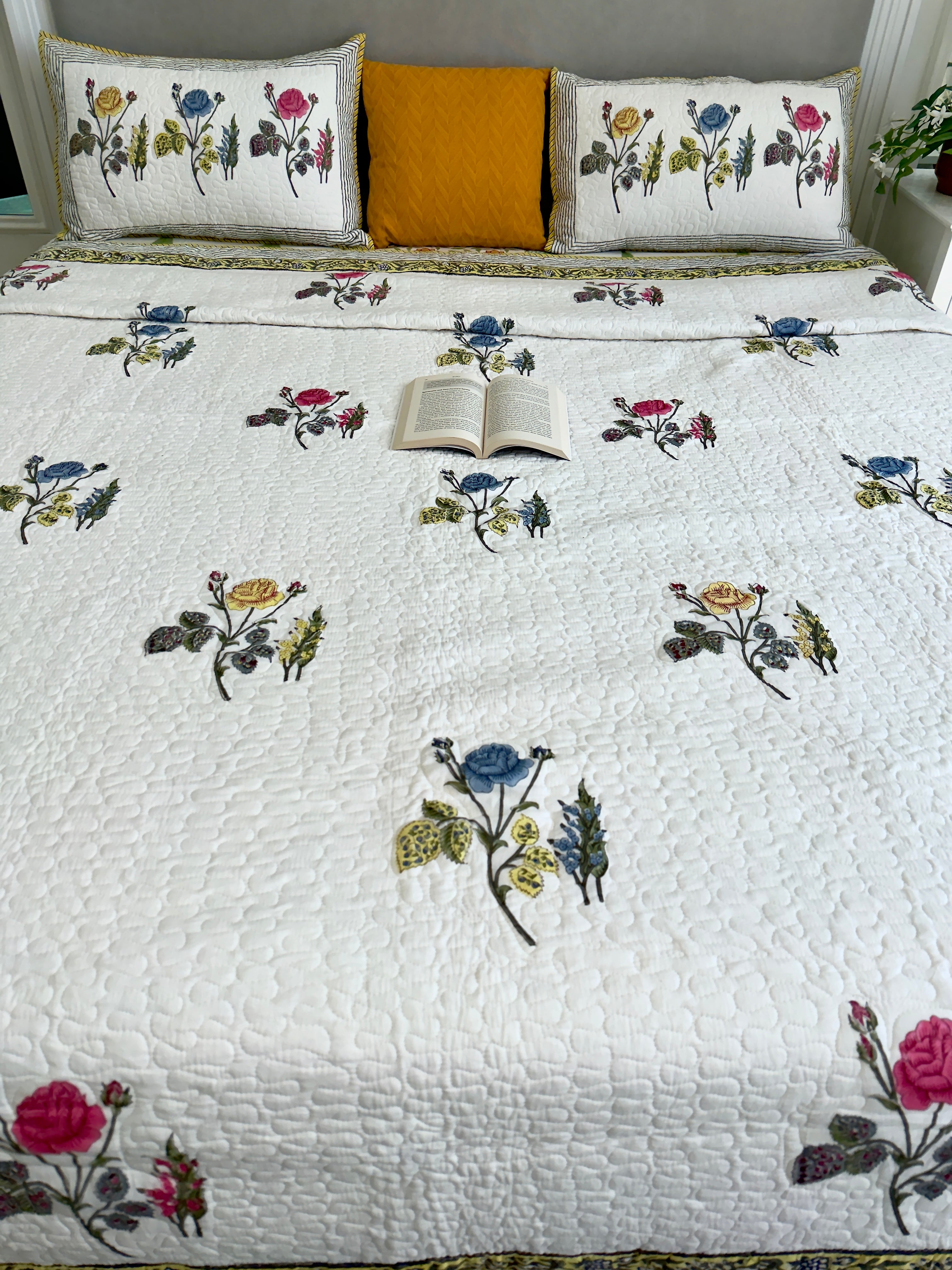 Handblock Printed (Reversible) Quilted Bedspread - Yellow Roses