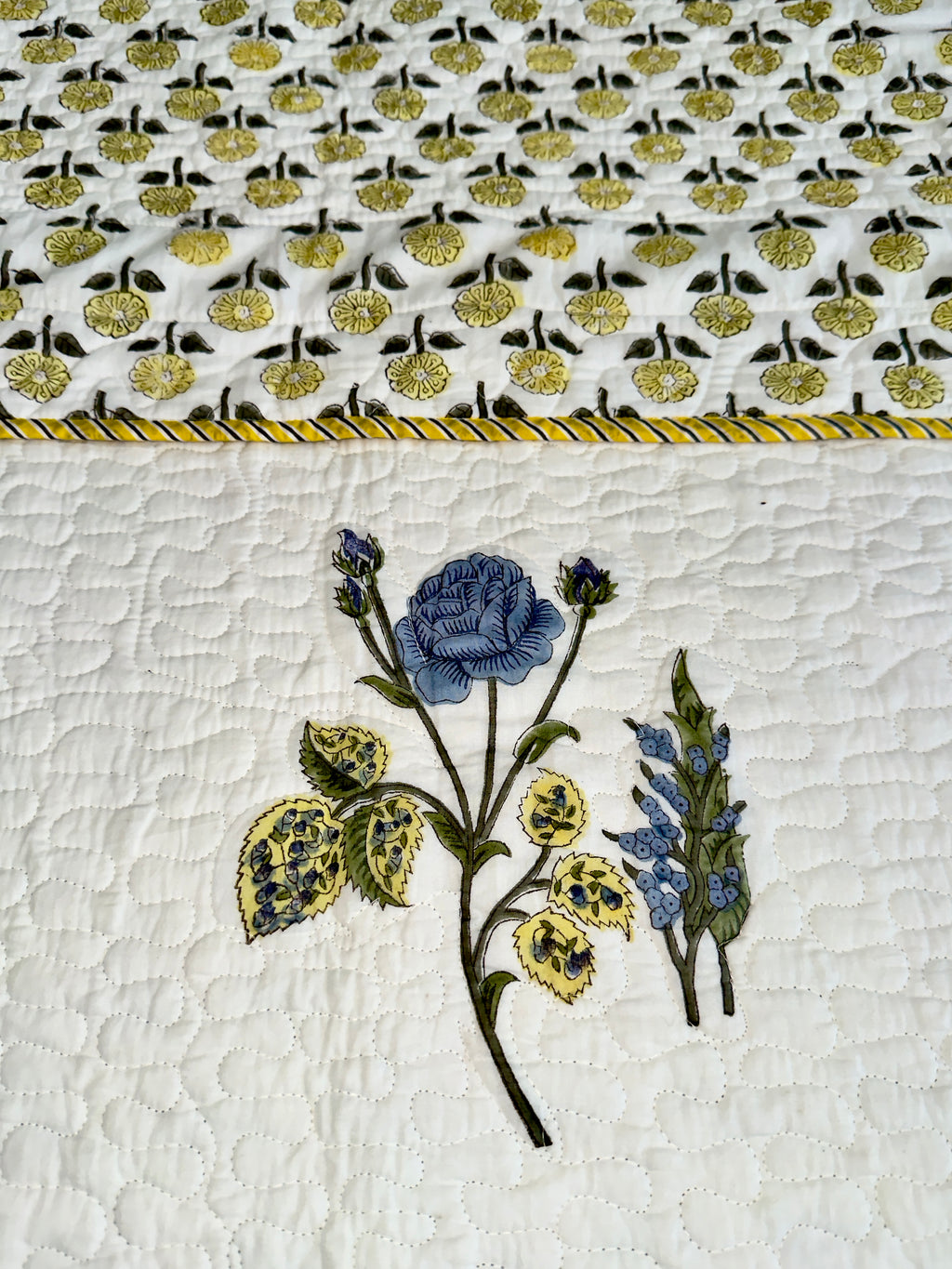 Handblock Printed (Reversible) Quilted Bedspread - Yellow Roses