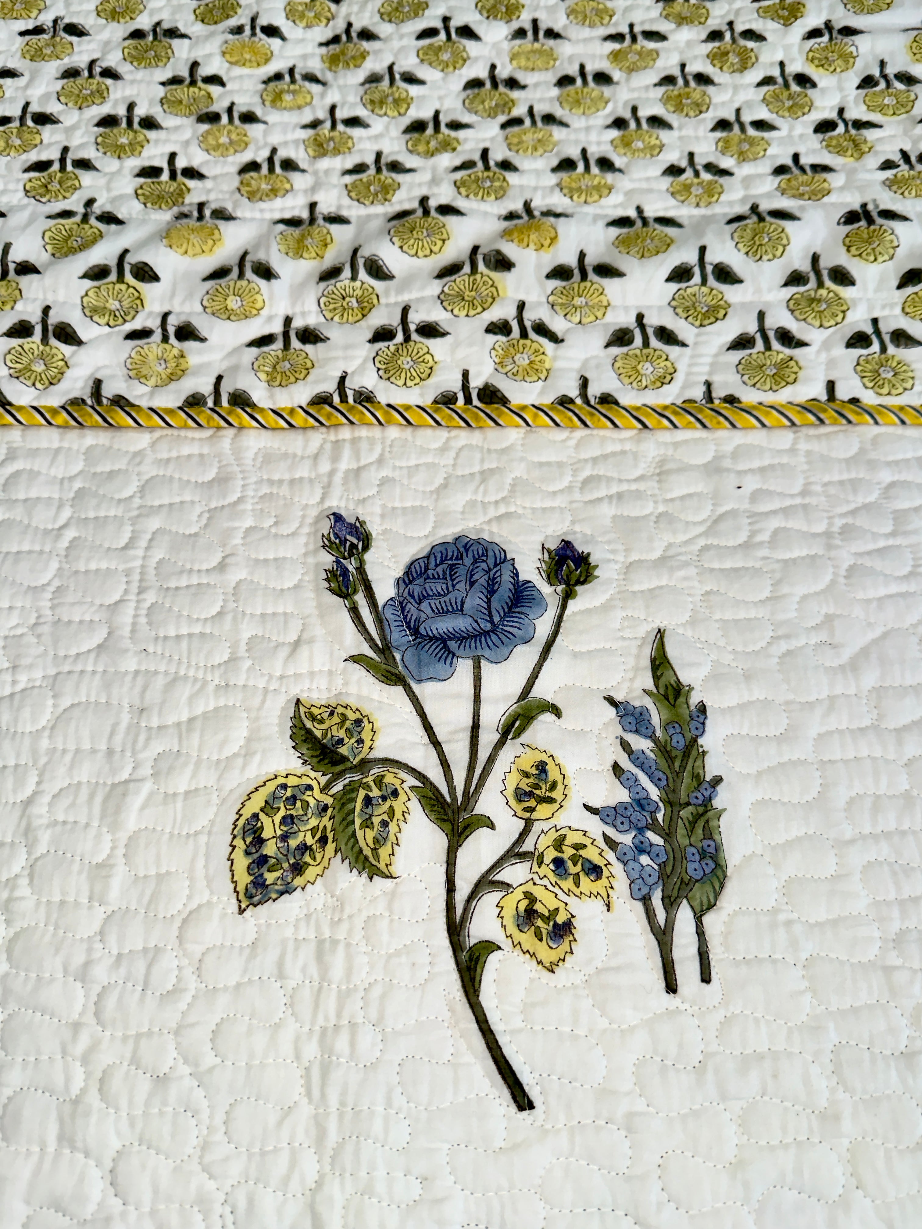 Handblock Printed (Reversible) Quilted Bedspread - Yellow Roses