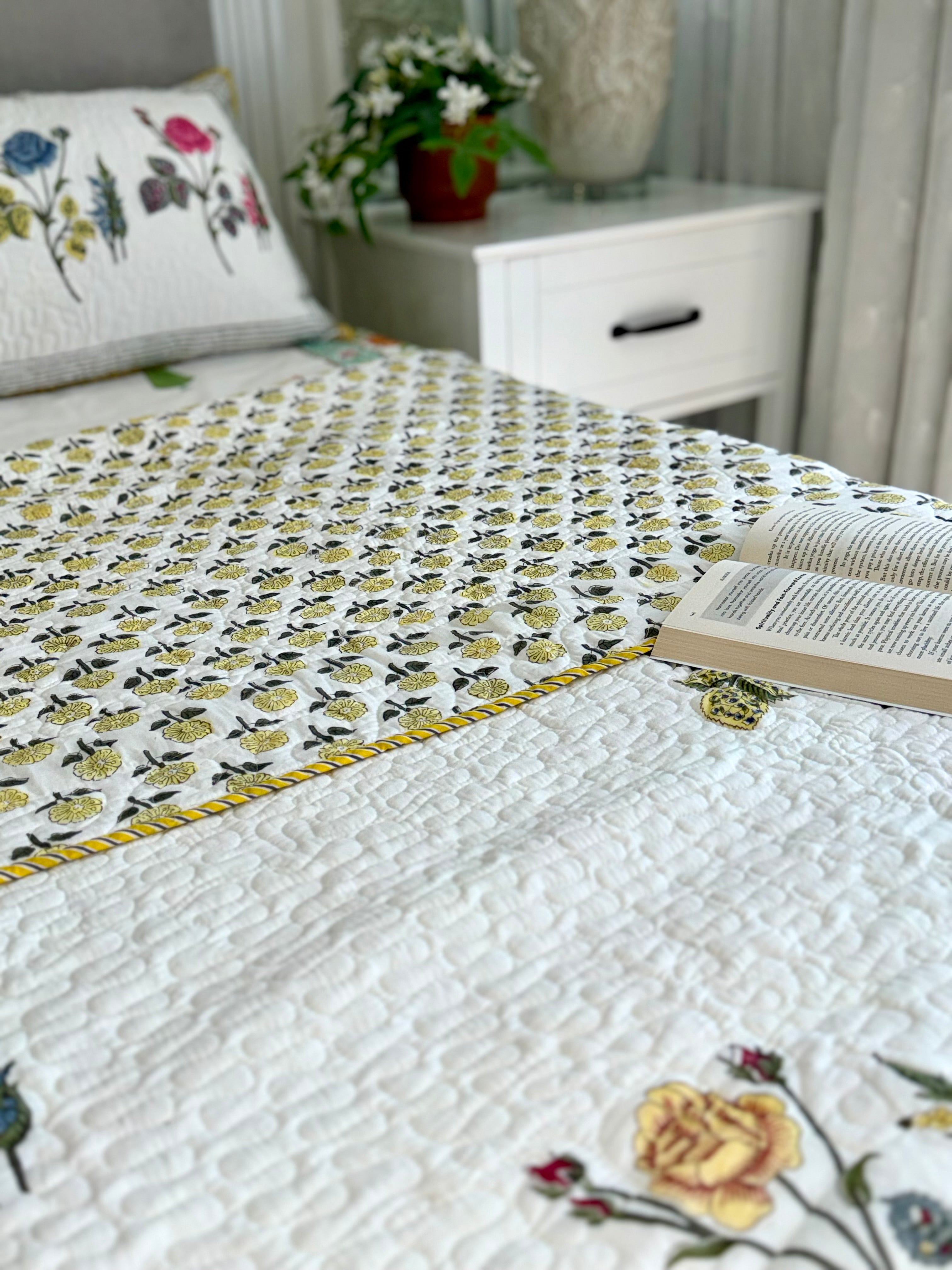 Handblock Printed (Reversible) Quilted Bedspread - Yellow Roses