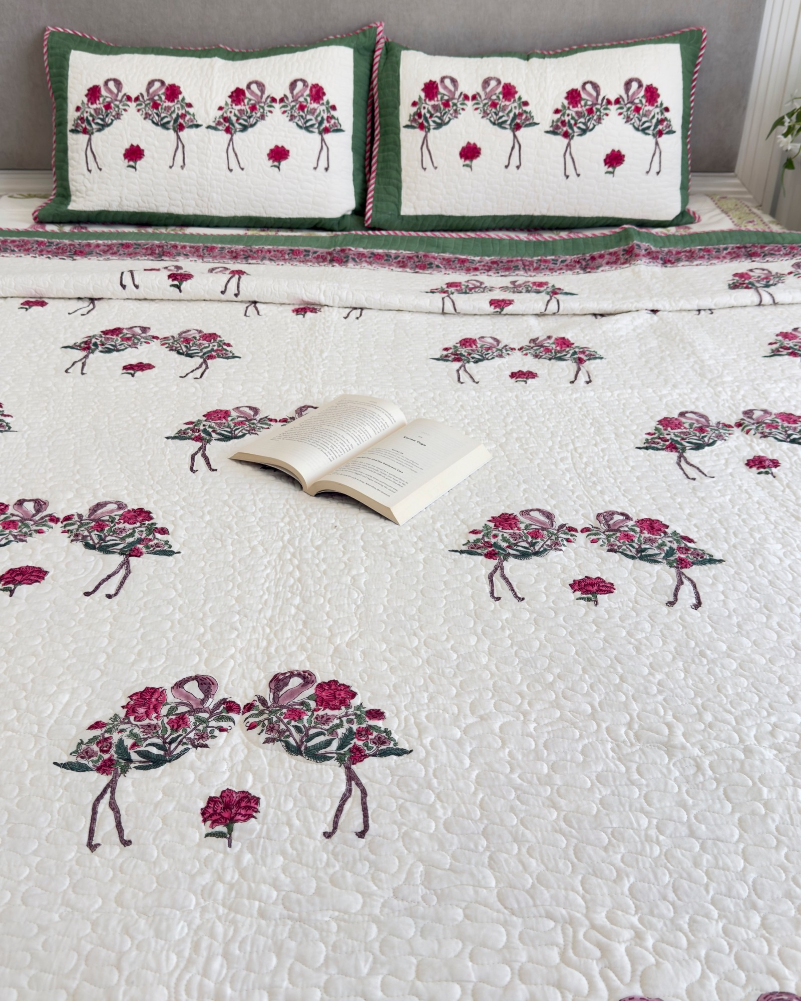 Handblock Printed (Reversible) Quilted Bedspread - Red Roses