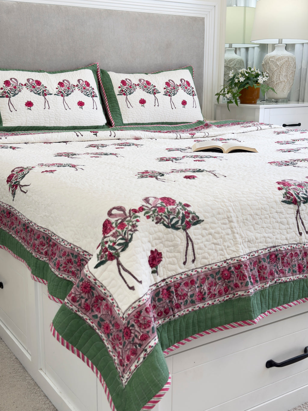 Handblock Printed (Reversible) Quilted Bedspread - Red Roses