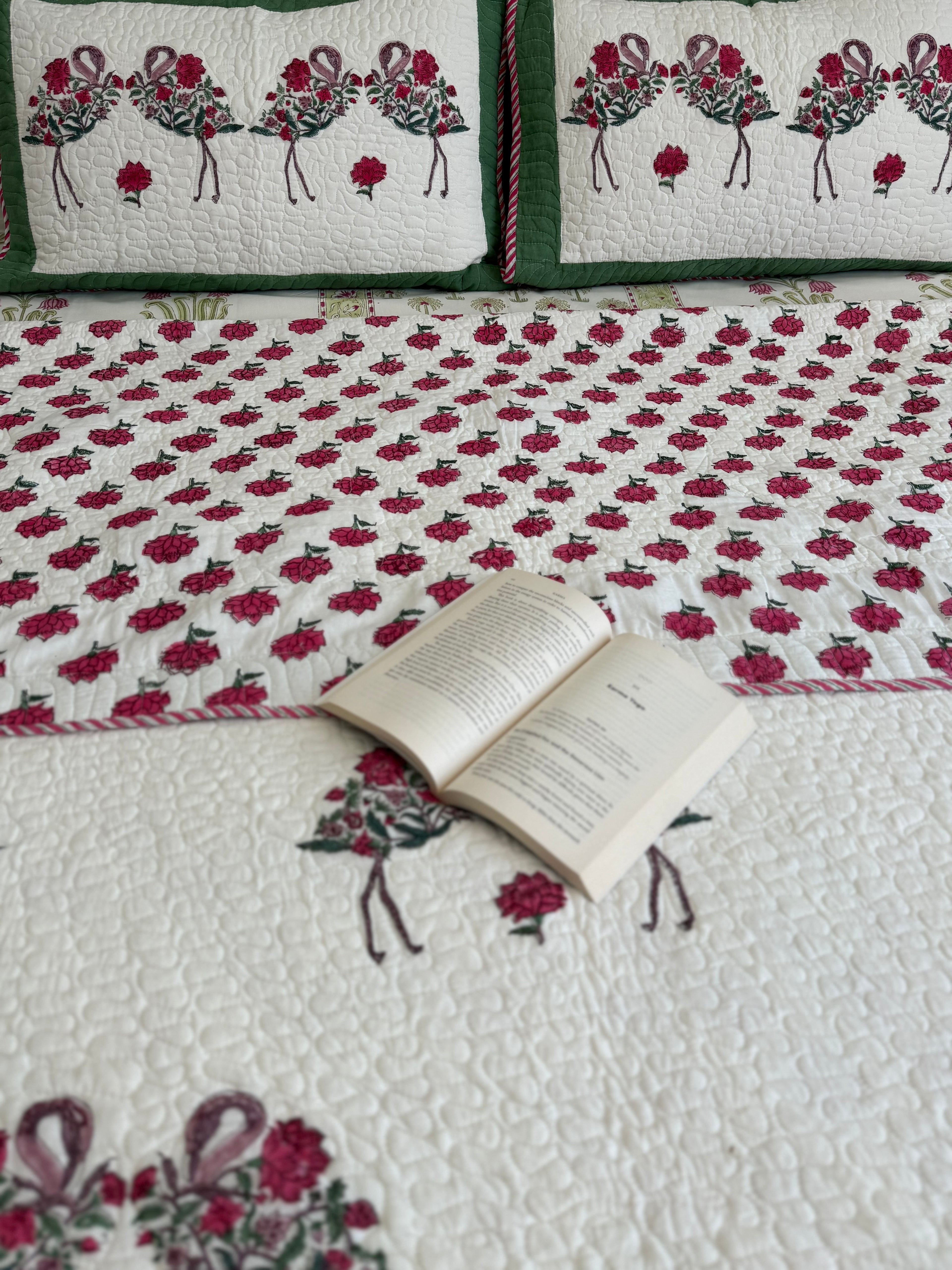Handblock Printed (Reversible) Quilted Bedspread - Red Roses