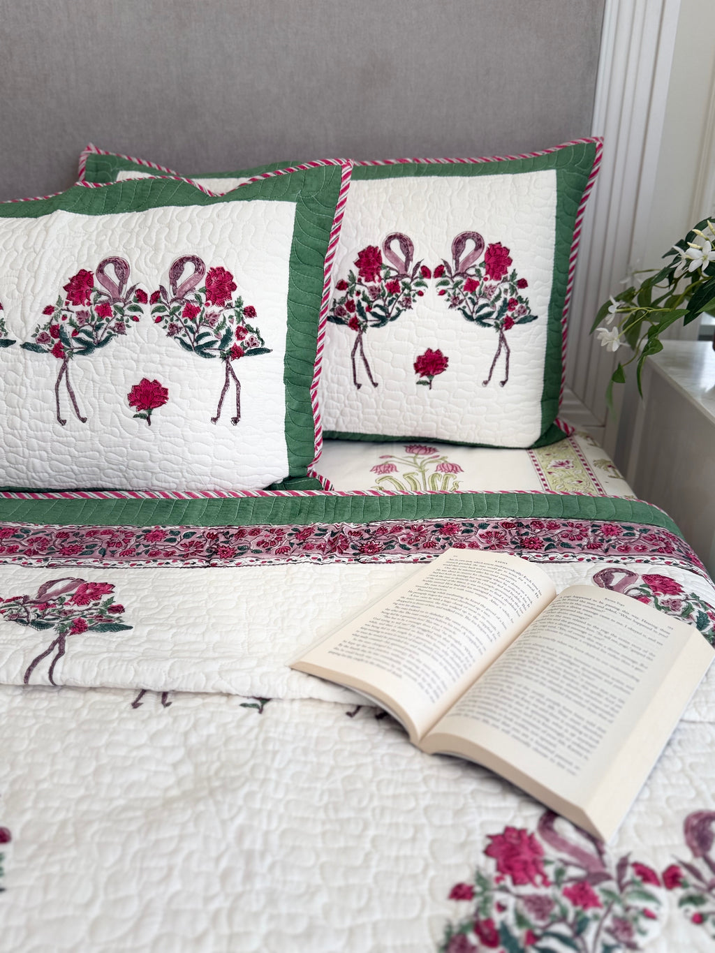 Handblock Printed (Reversible) Quilted Bedspread - Red Roses