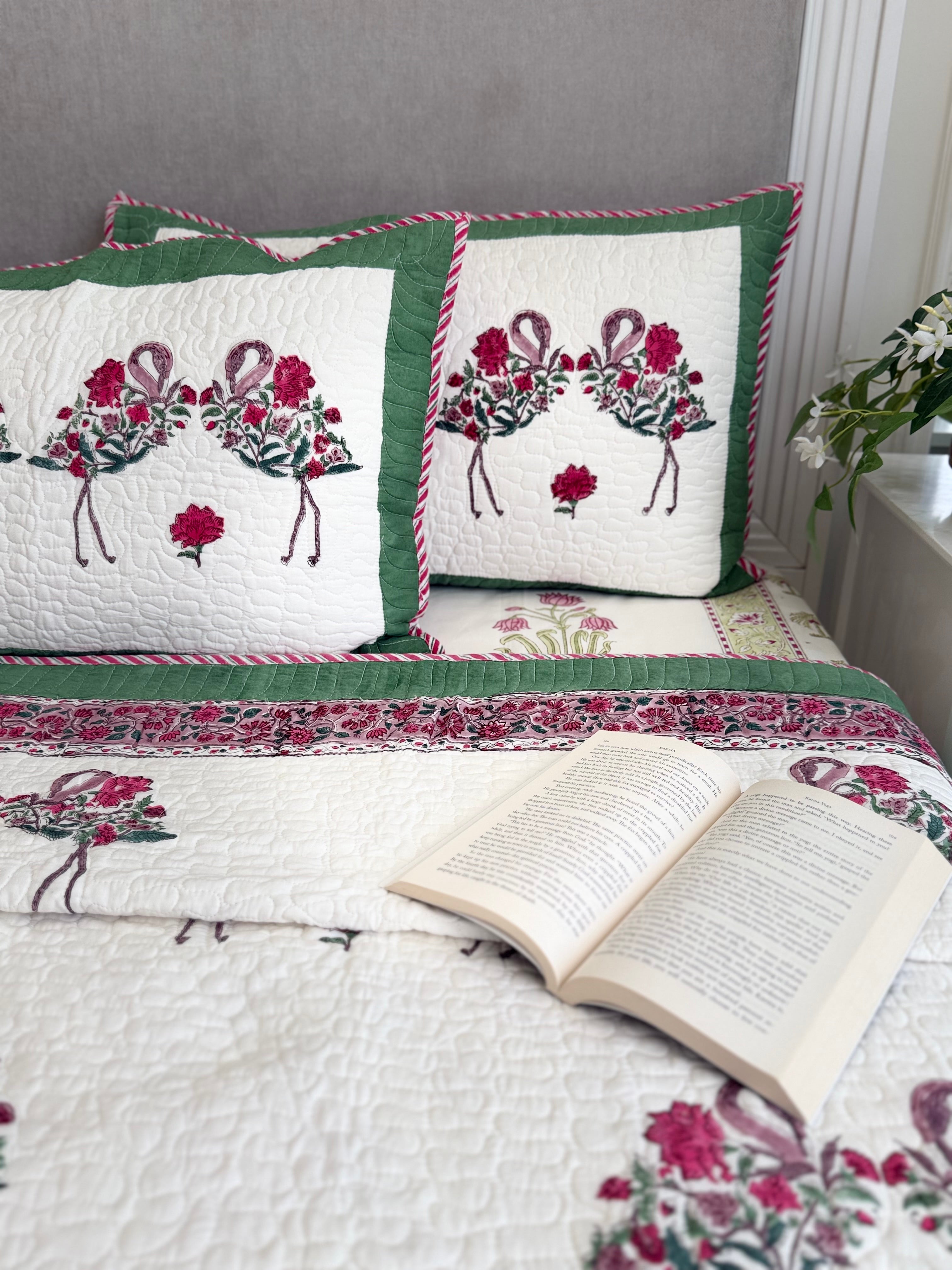 Handblock Printed (Reversible) Quilted Bedspread - Red Roses