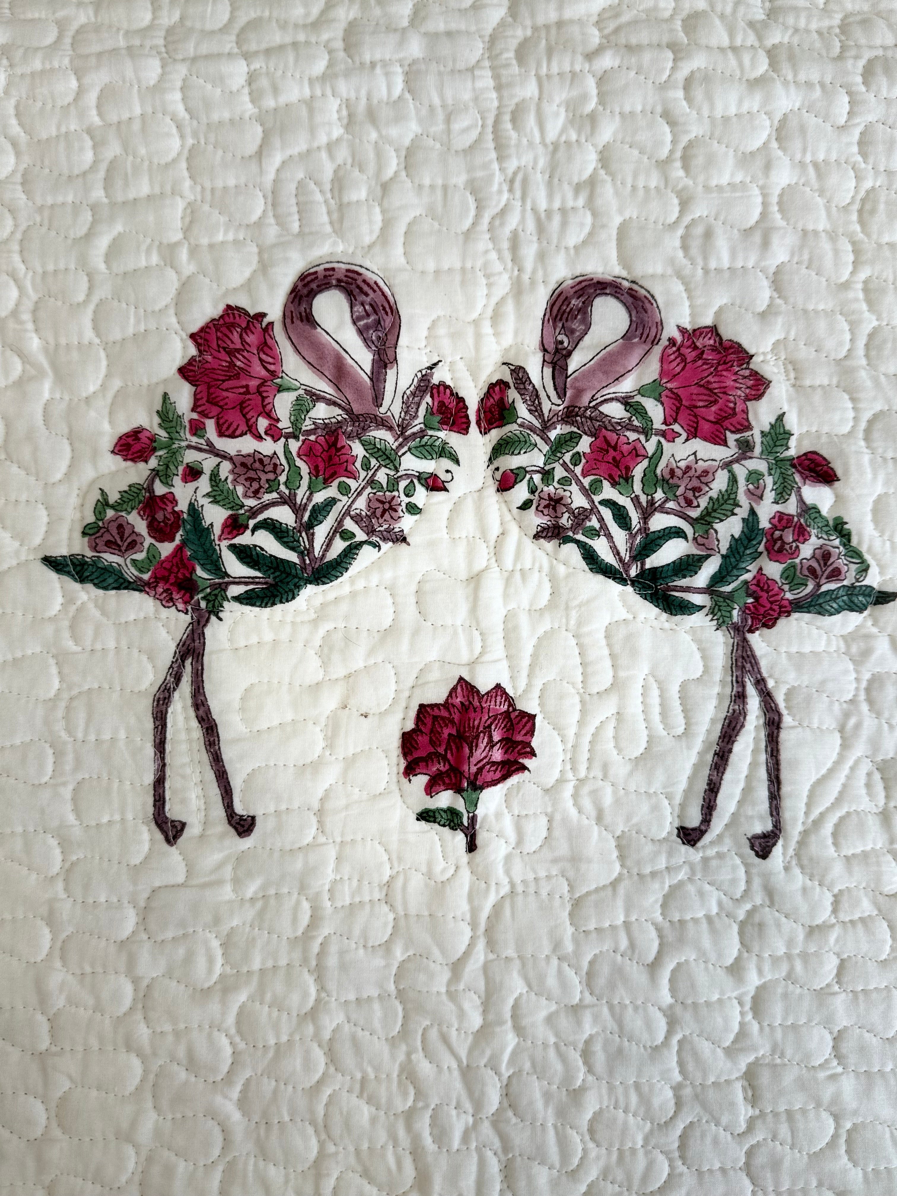 Handblock Printed (Reversible) Quilted Bedspread - Red Roses