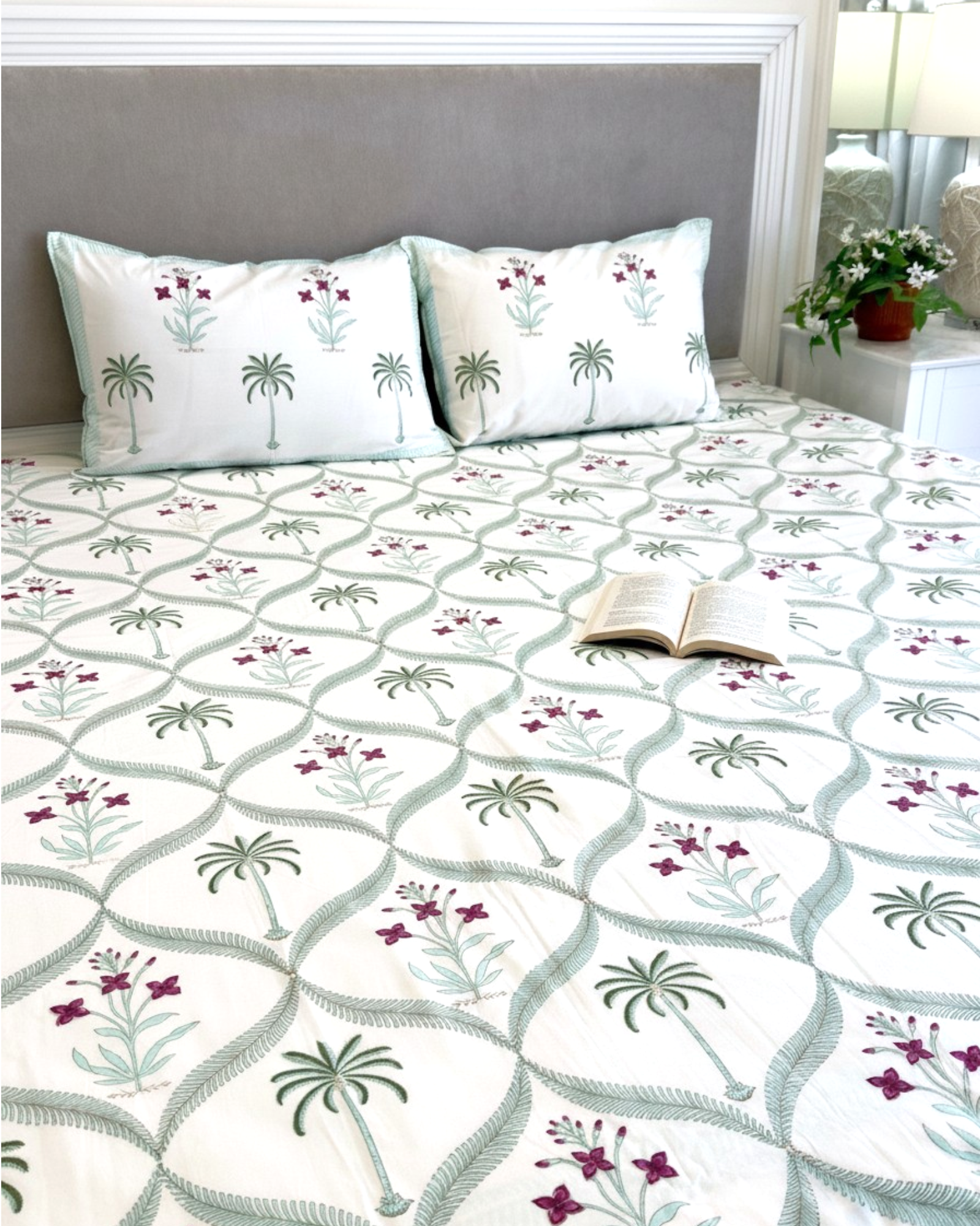 Green Palm Tree with Pink Flowers Percale Bedsheet