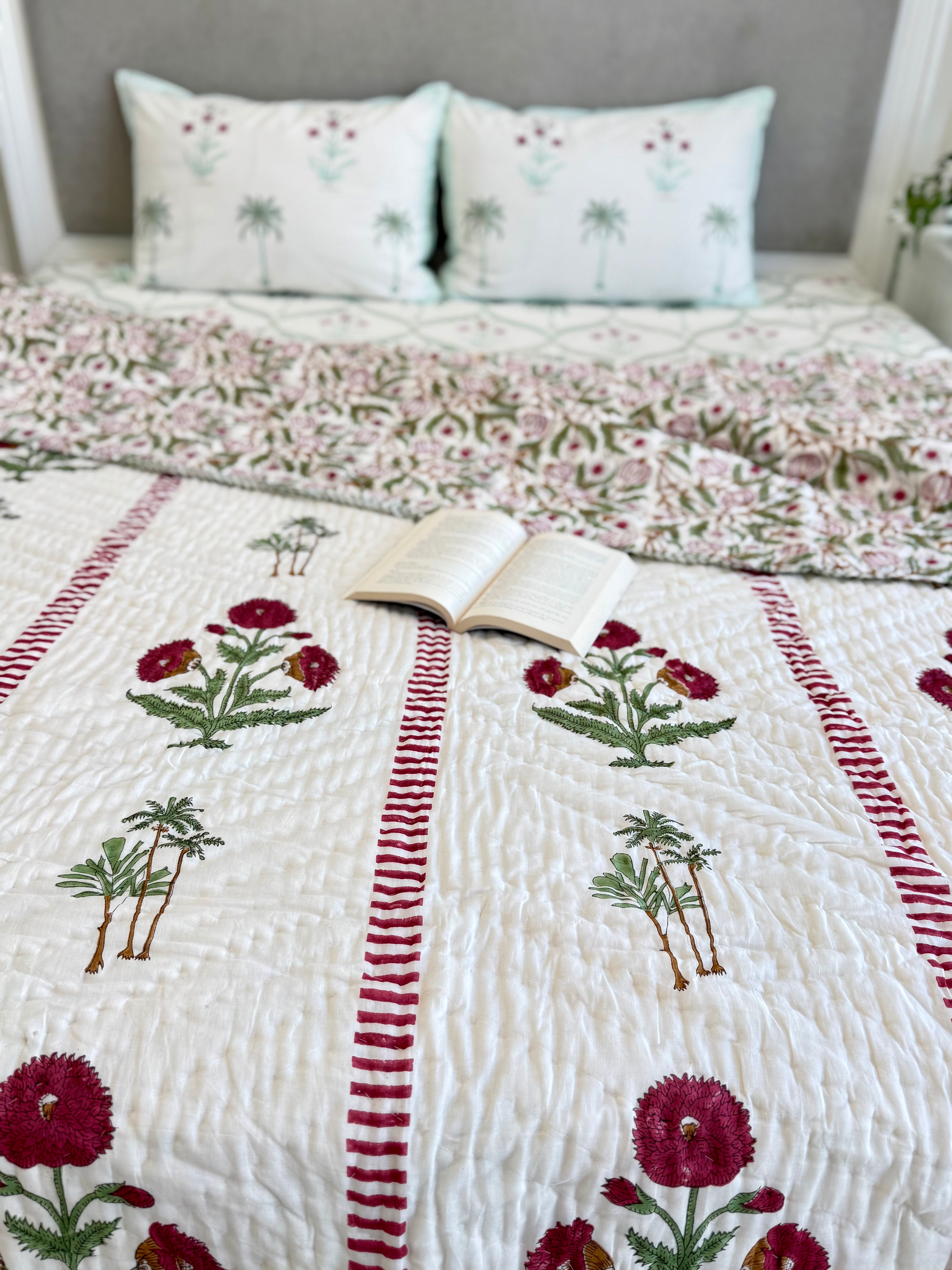 Handblock Print (Reversible) Mulmul Quilt – Red Floral
