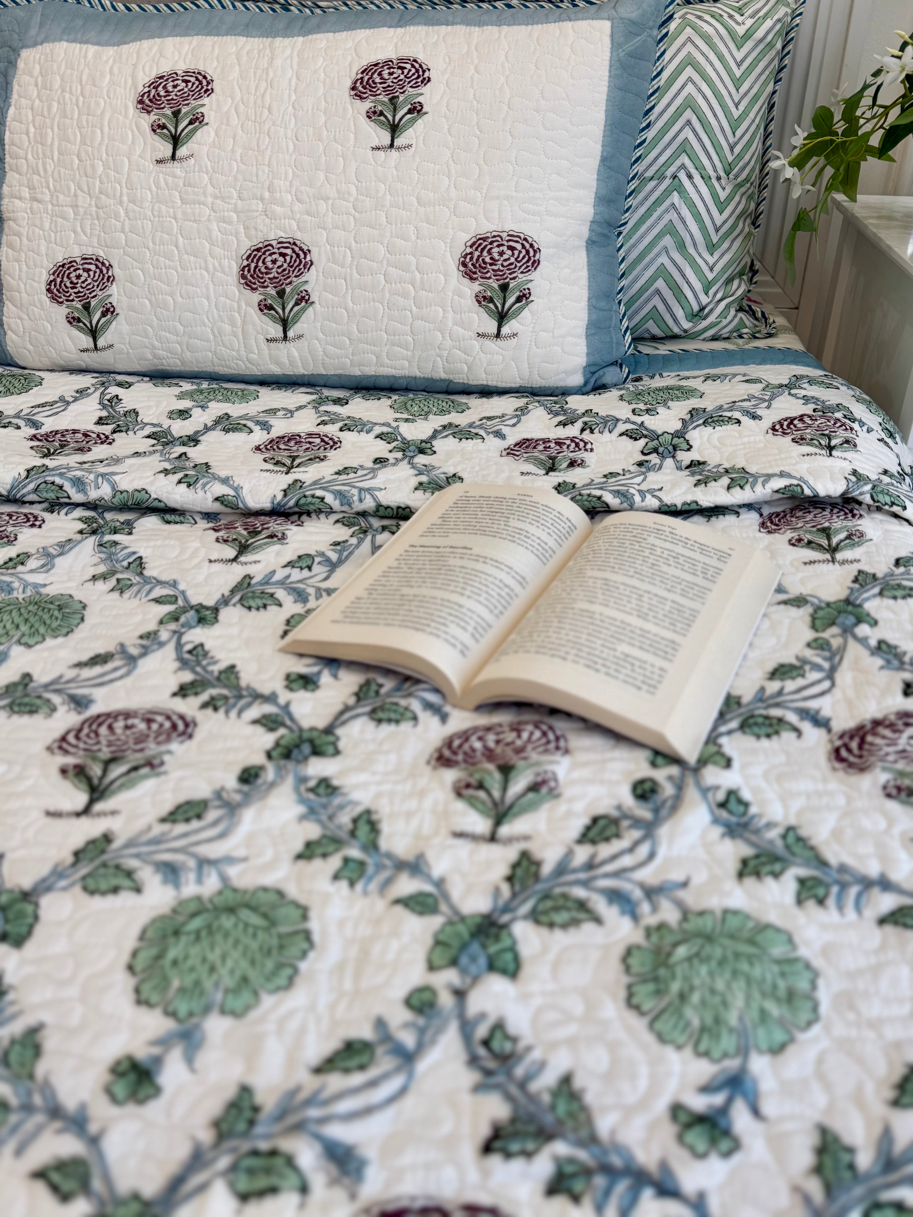Handblock Printed (Reversible) Quilted Bedspread - Floral Blue Green