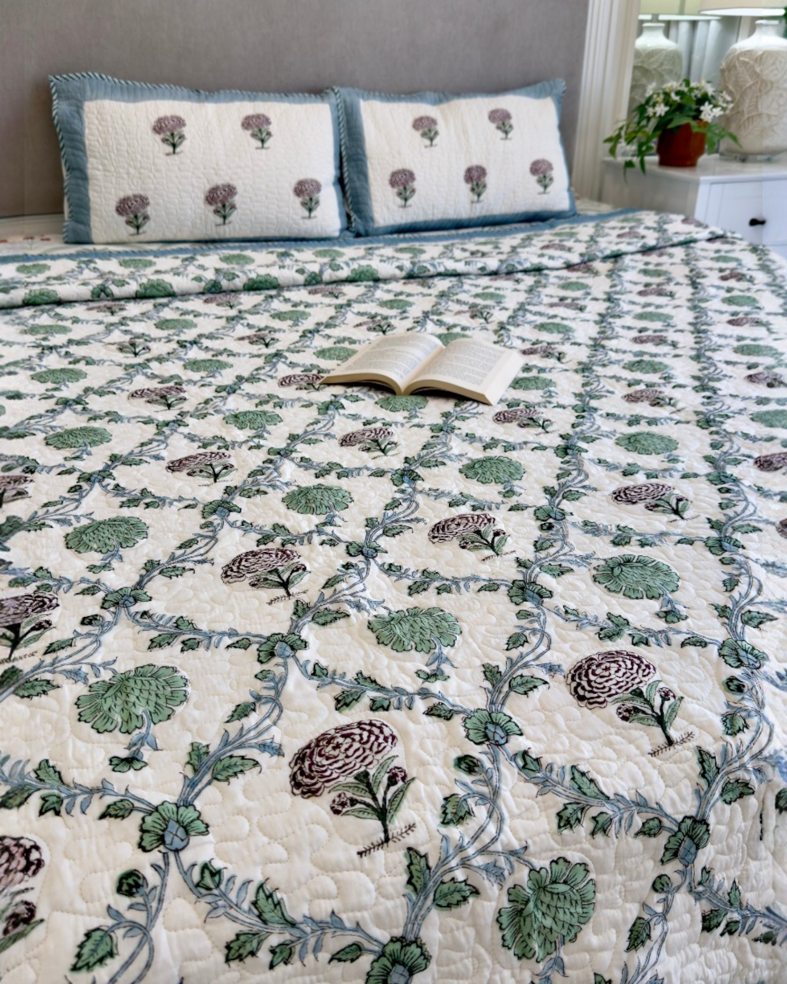 Handblock Printed (Reversible) Quilted Bedspread - Floral Blue Green