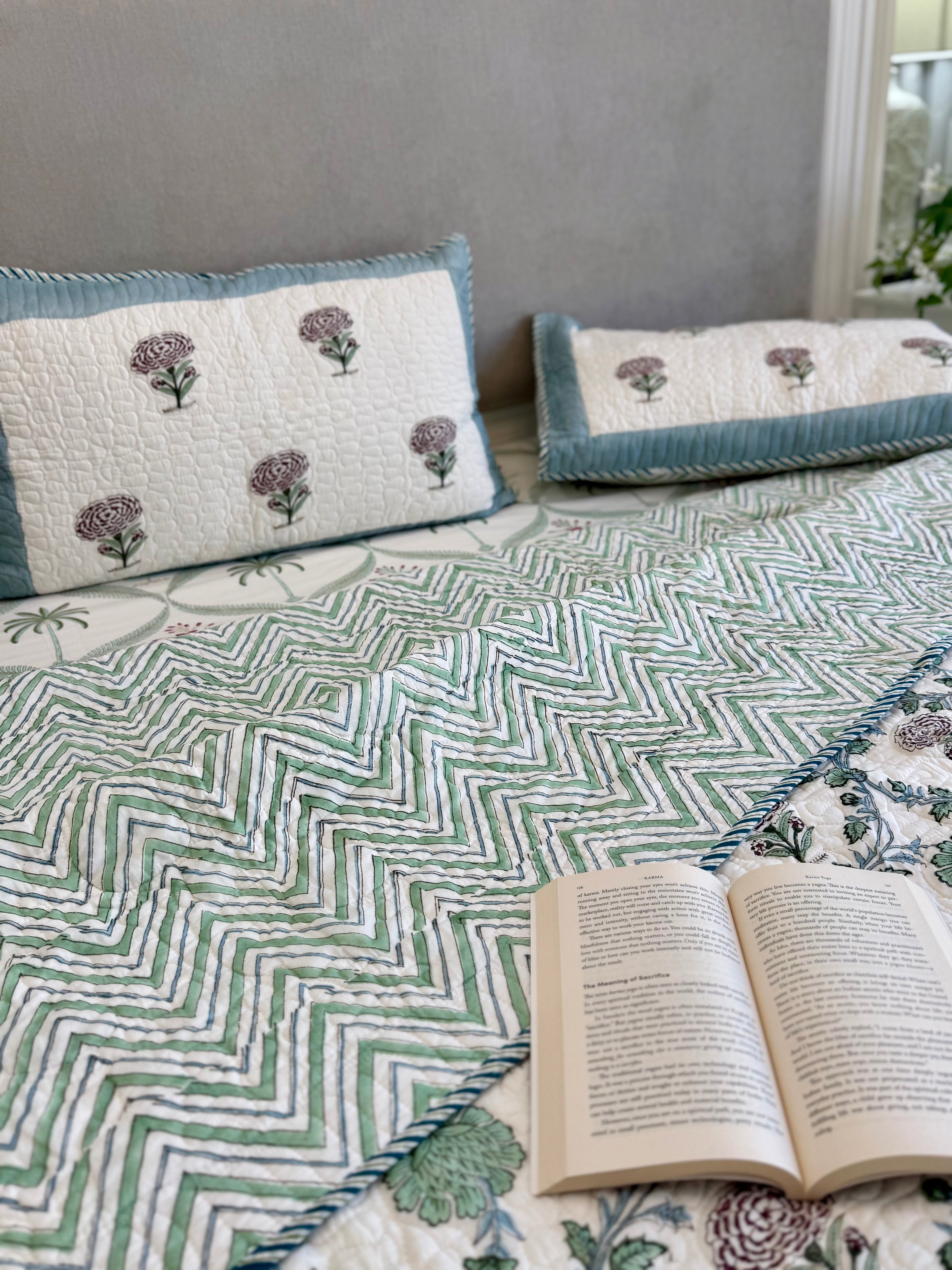Handblock Printed (Reversible) Quilted Bedspread - Floral Blue Green