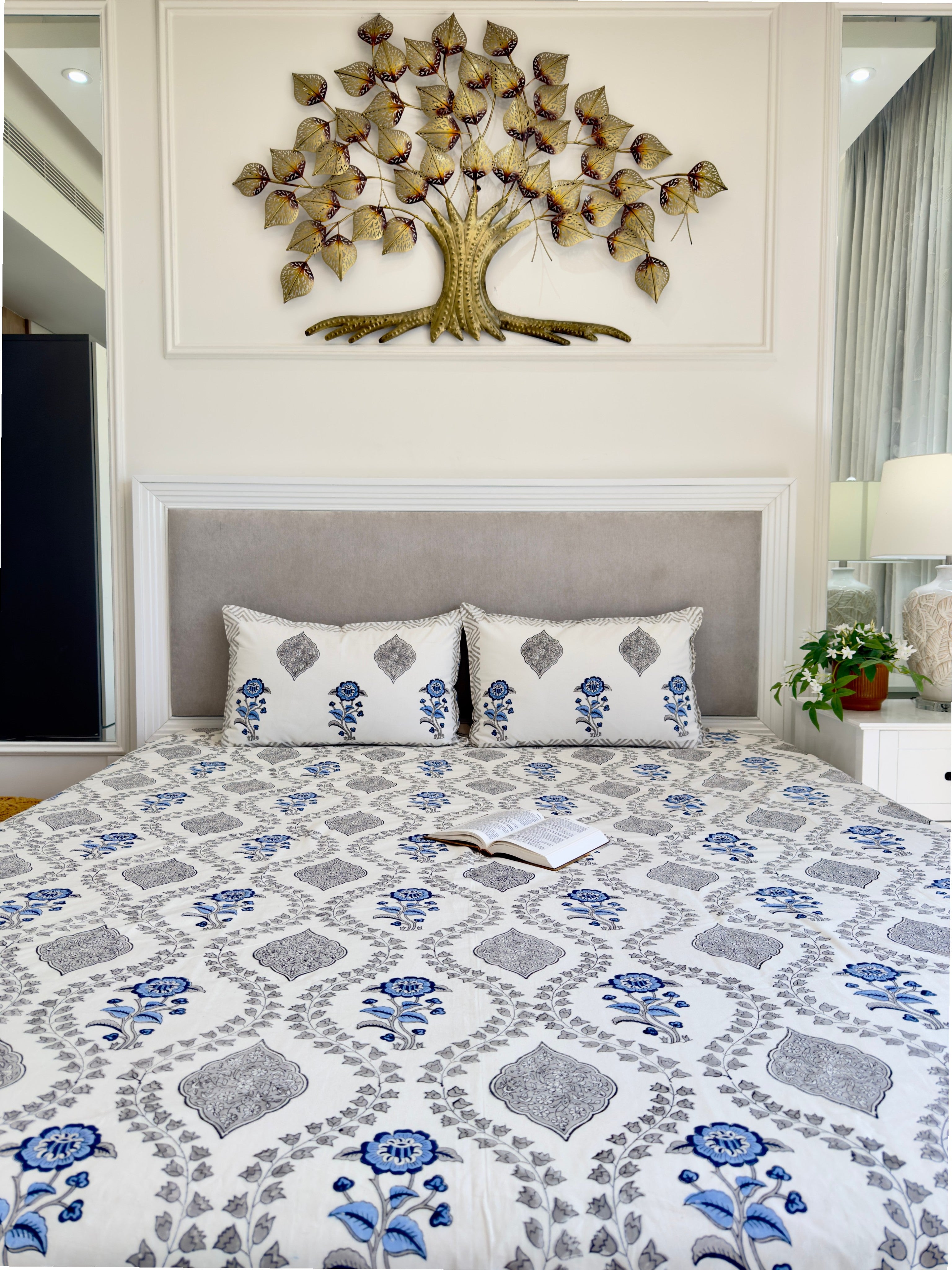 Blue Gray Floral Anokhi Bedsheet