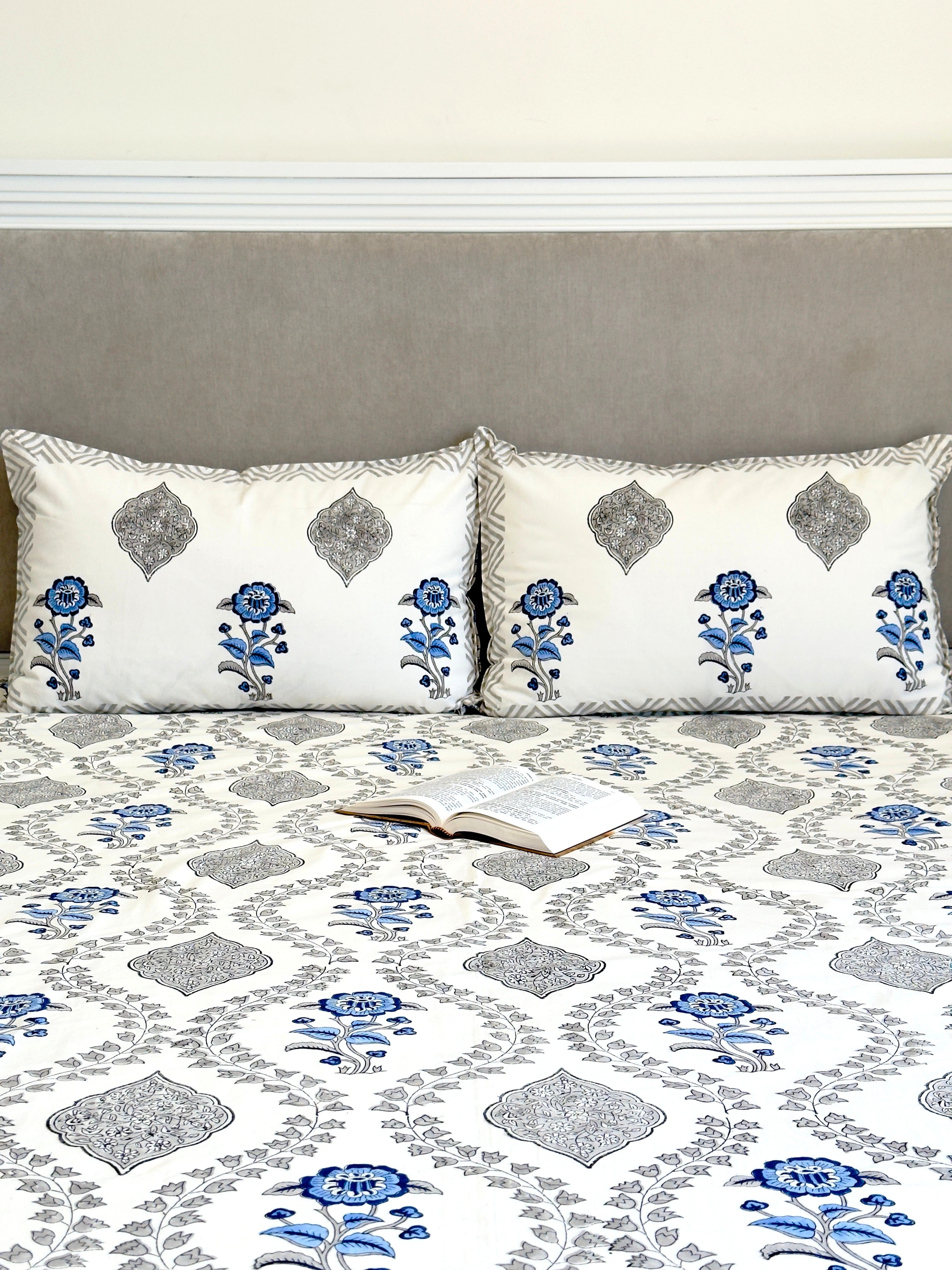 Blue Gray Floral Anokhi Bedsheet