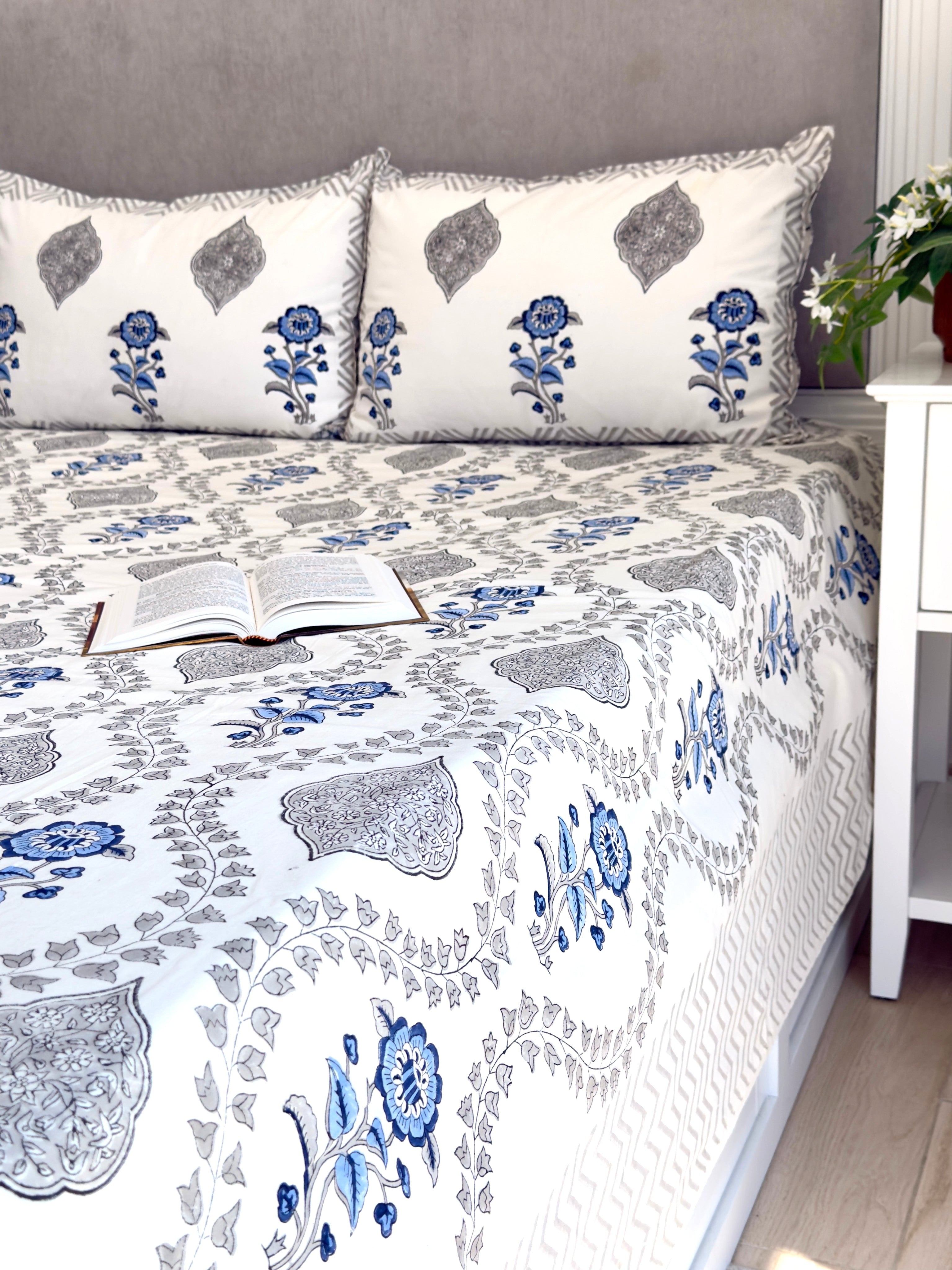 Blue Gray Floral Anokhi Bedsheet
