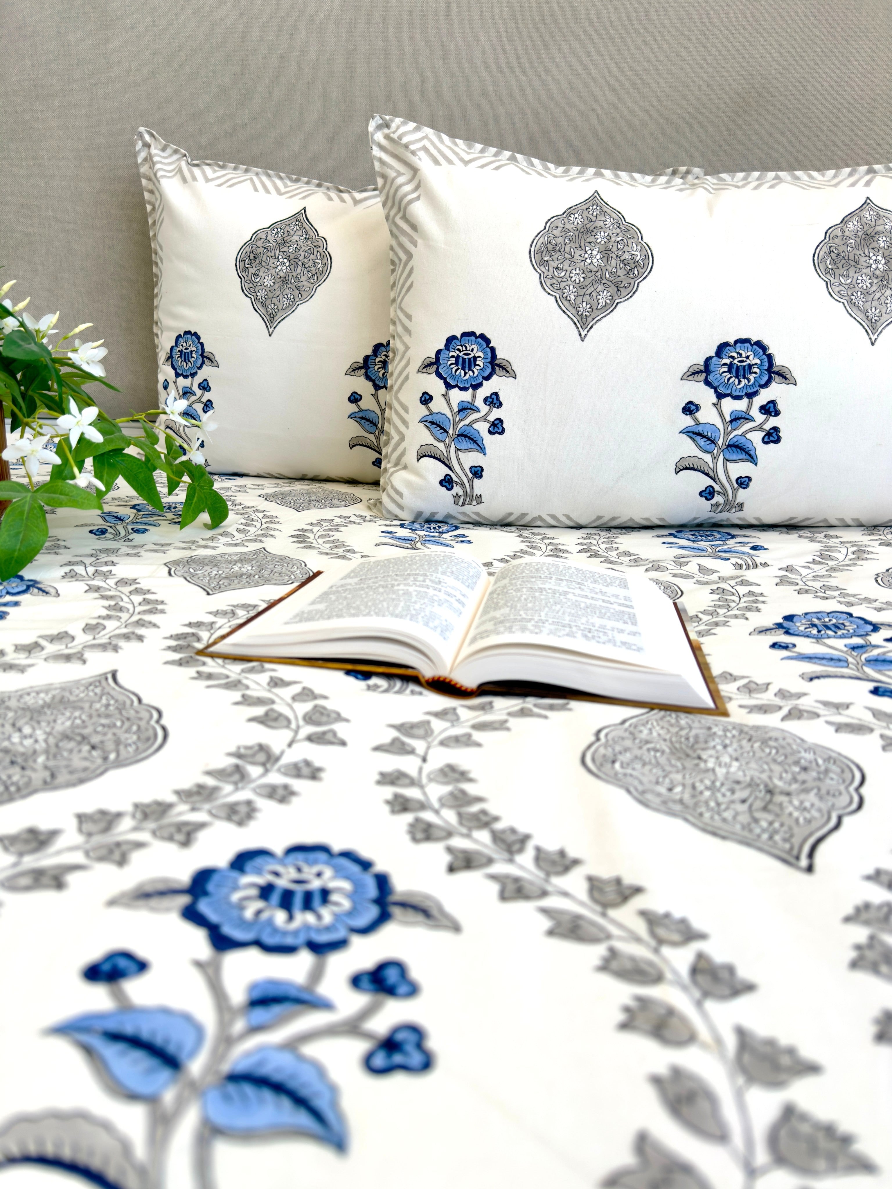 Blue Gray Floral Anokhi Bedsheet