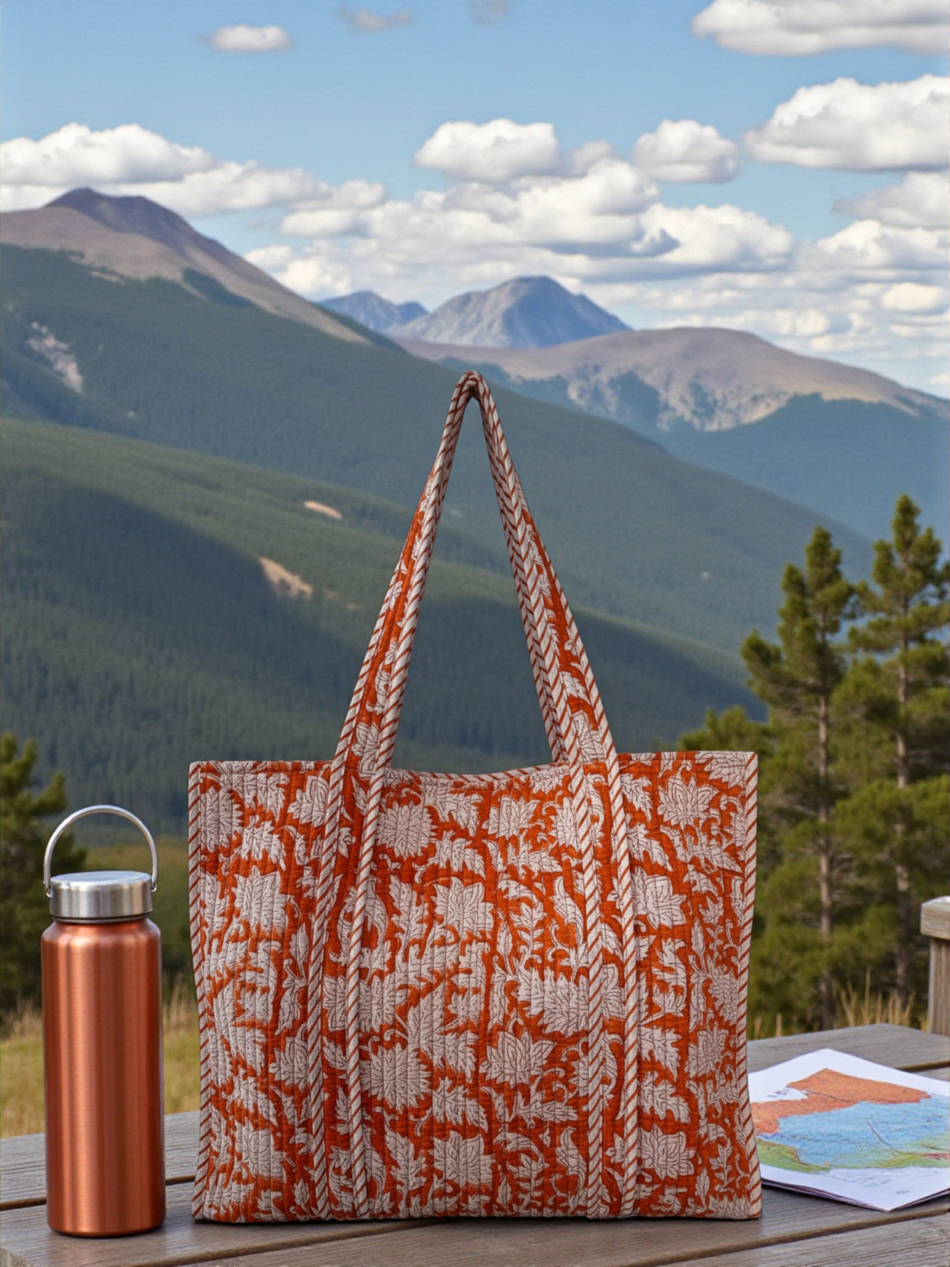 Orange & White Floral Tote Bag