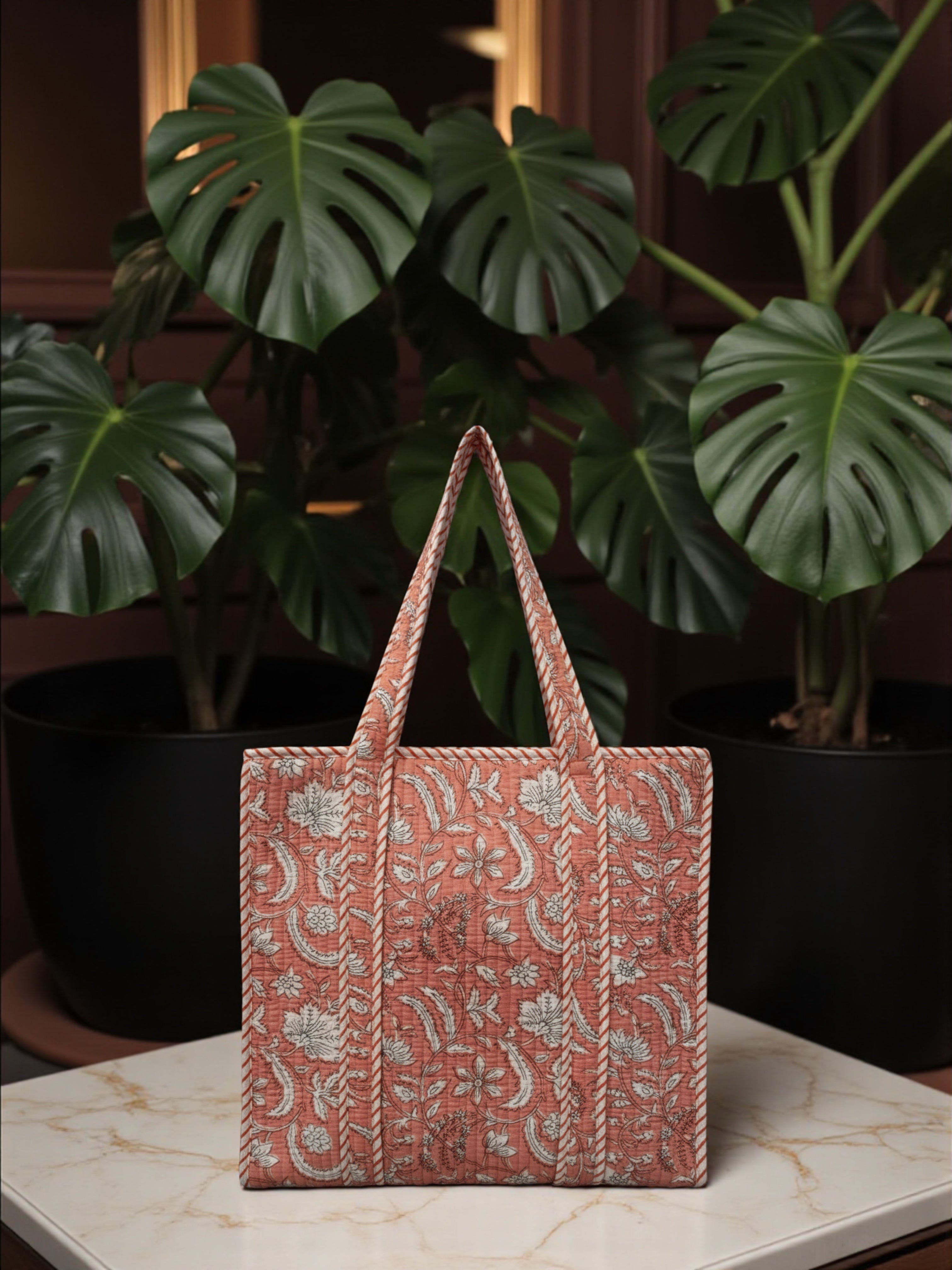 Peach & White Floral Tote Bag