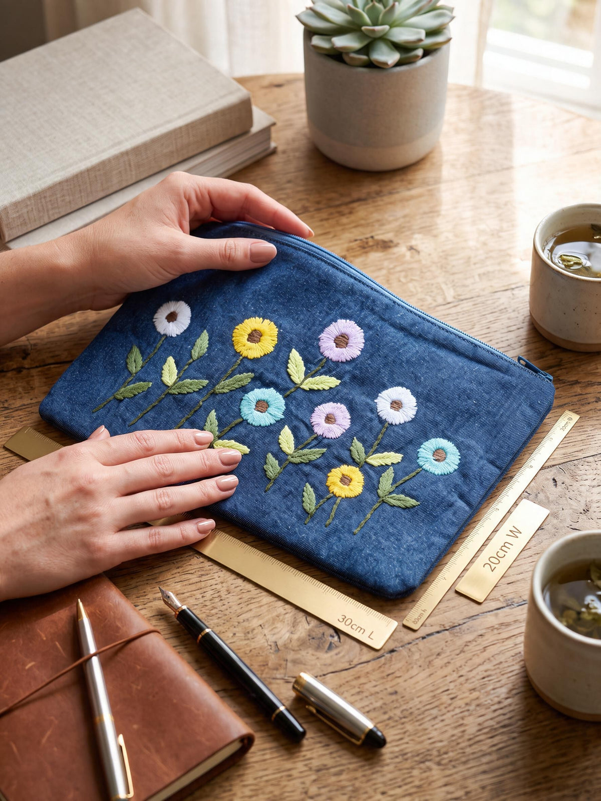 Blue Floral Embroidered Pouch