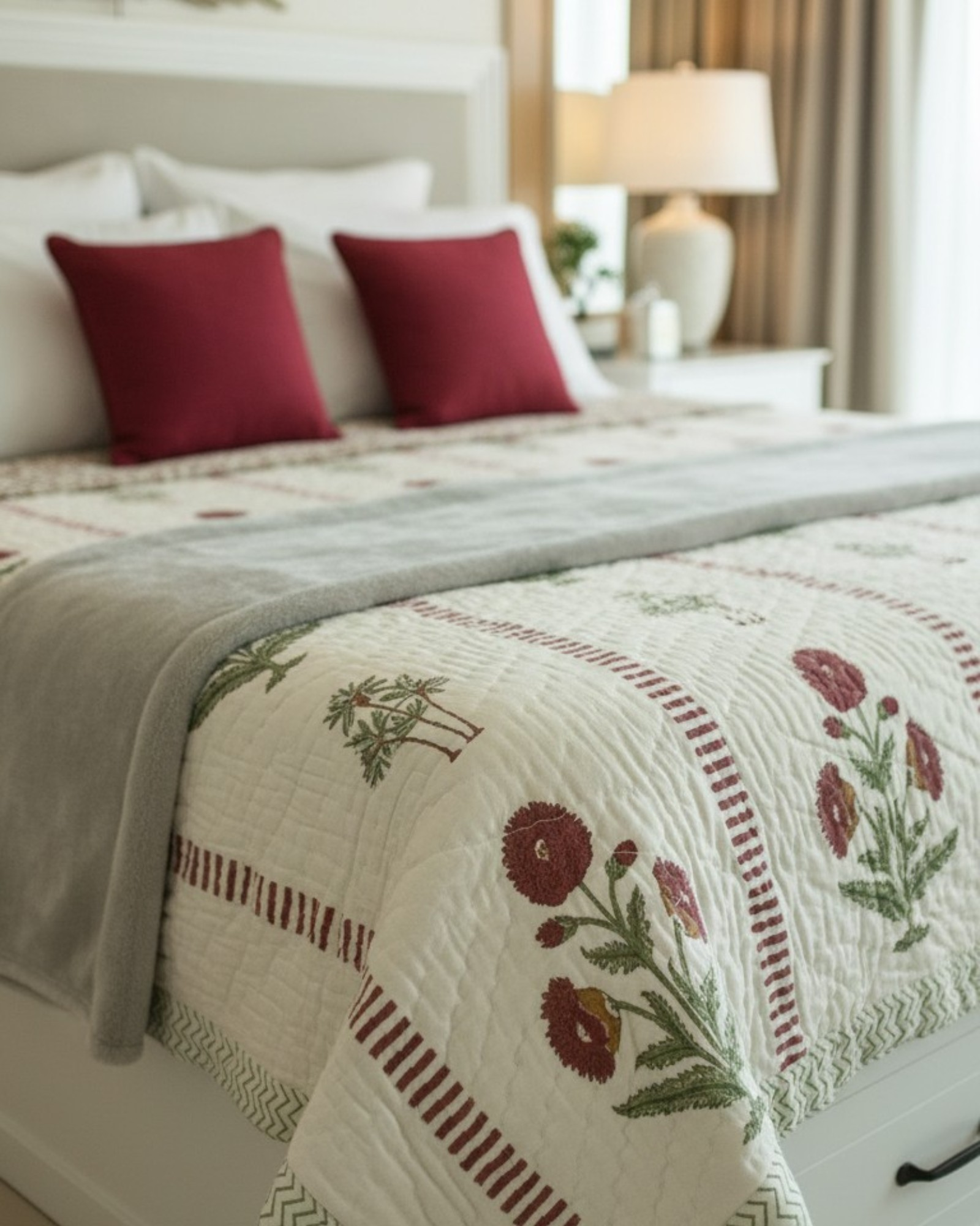 Handblock Print (Reversible) Mulmul Quilt – Red Floral