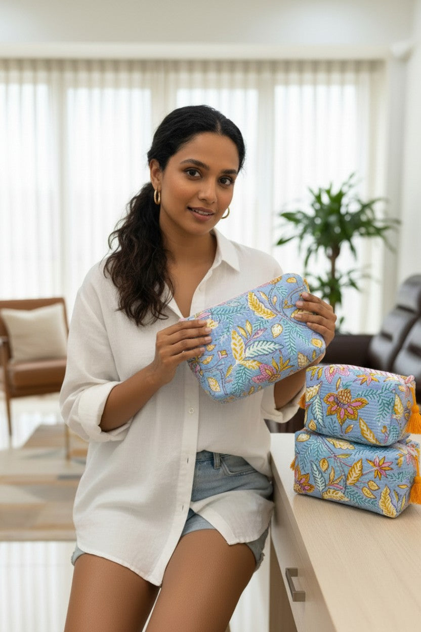 Blue Floral 3 Piece Travel Kit Organizers