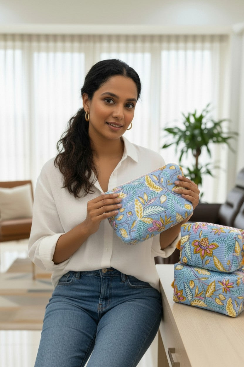 Blue Floral 3 Piece Travel Kit Organizers