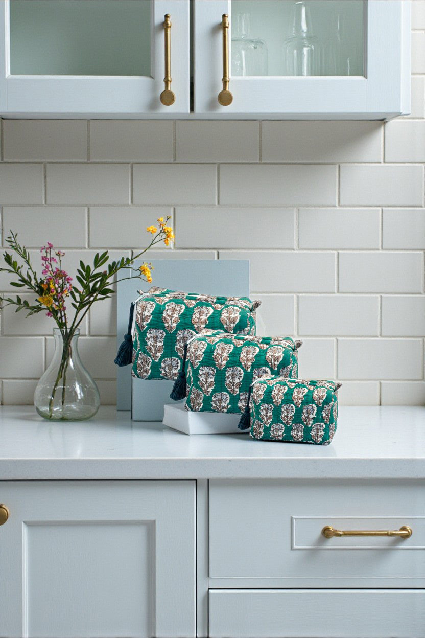 Green Floral 3 Piece Travel Kit Organizers