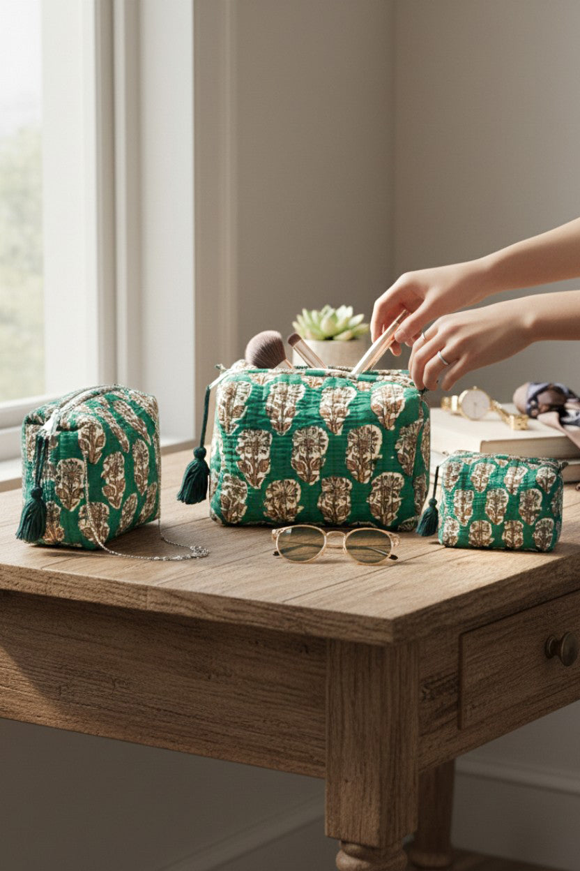 Green Floral 3 Piece Travel Kit Organizers