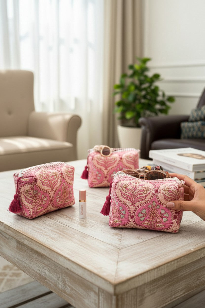 Pink Floral 3 Piece Travel Kit Organizers
