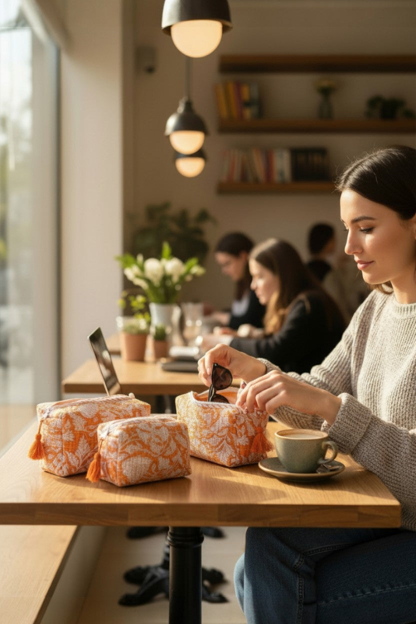 Orange Floral 3 Piece Travel Kit Organizers