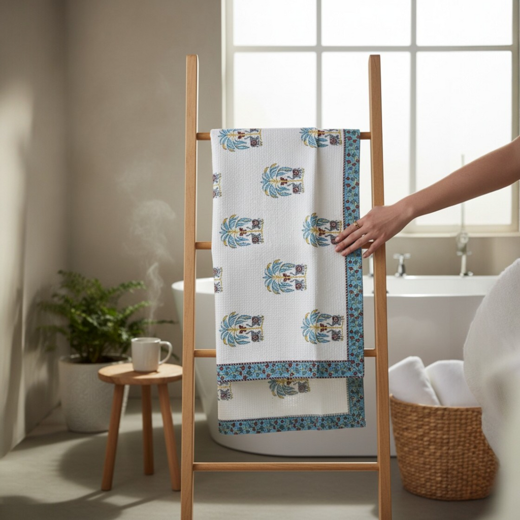 Handblock Printed Waffle Bath Towel