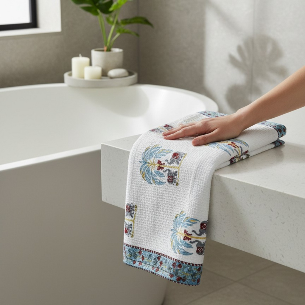 Handblock Printed Waffle Bath Towel