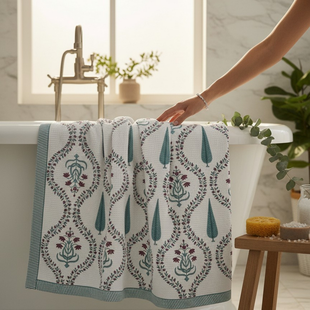 Handblock Printed Waffle Bath Towel