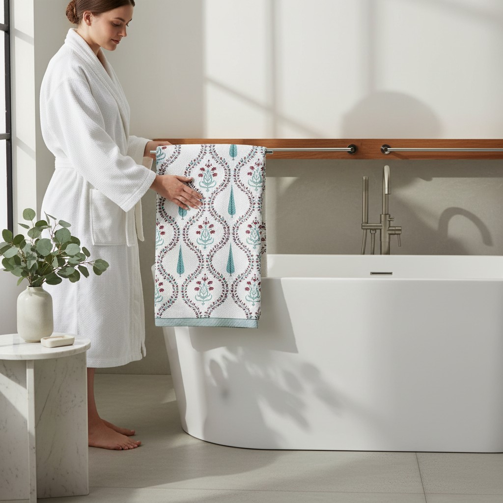 Handblock Printed Waffle Bath Towel