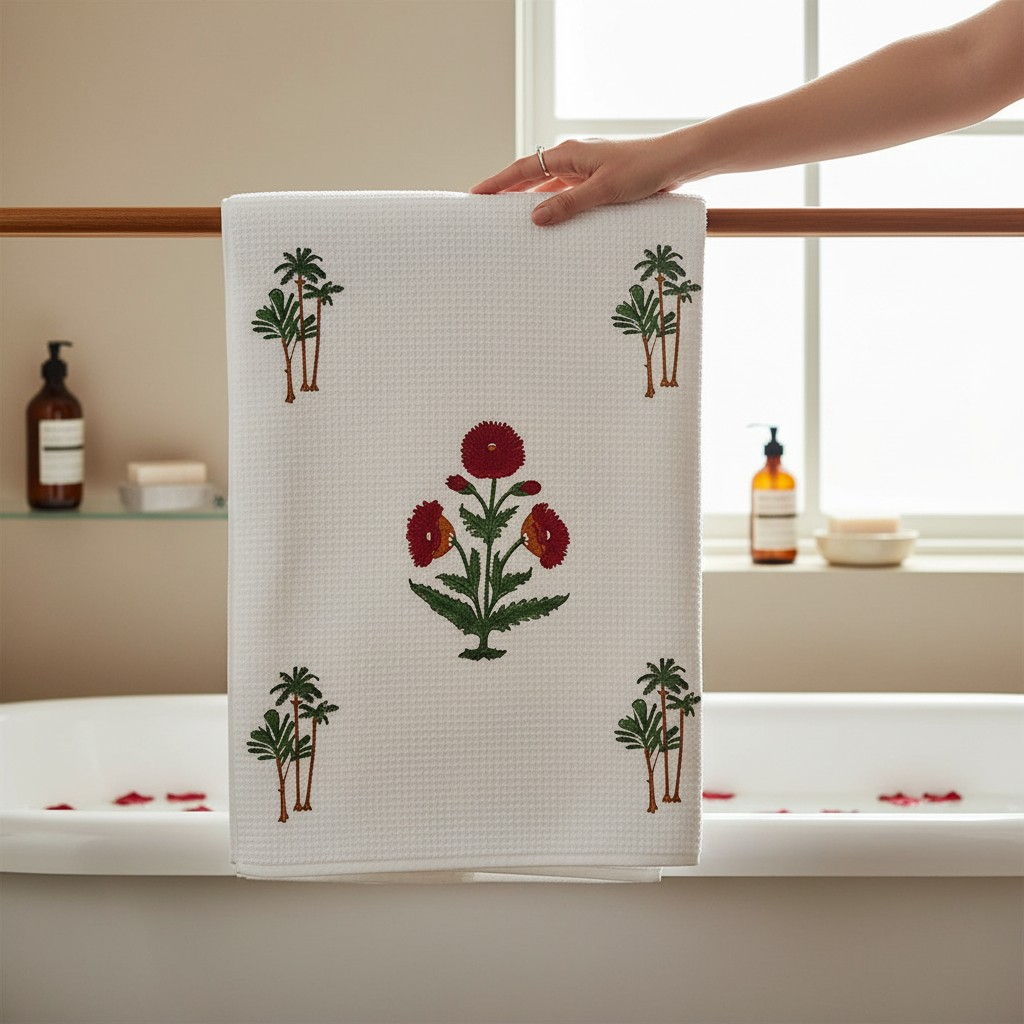 Handblock Printed Waffle Bath Towel