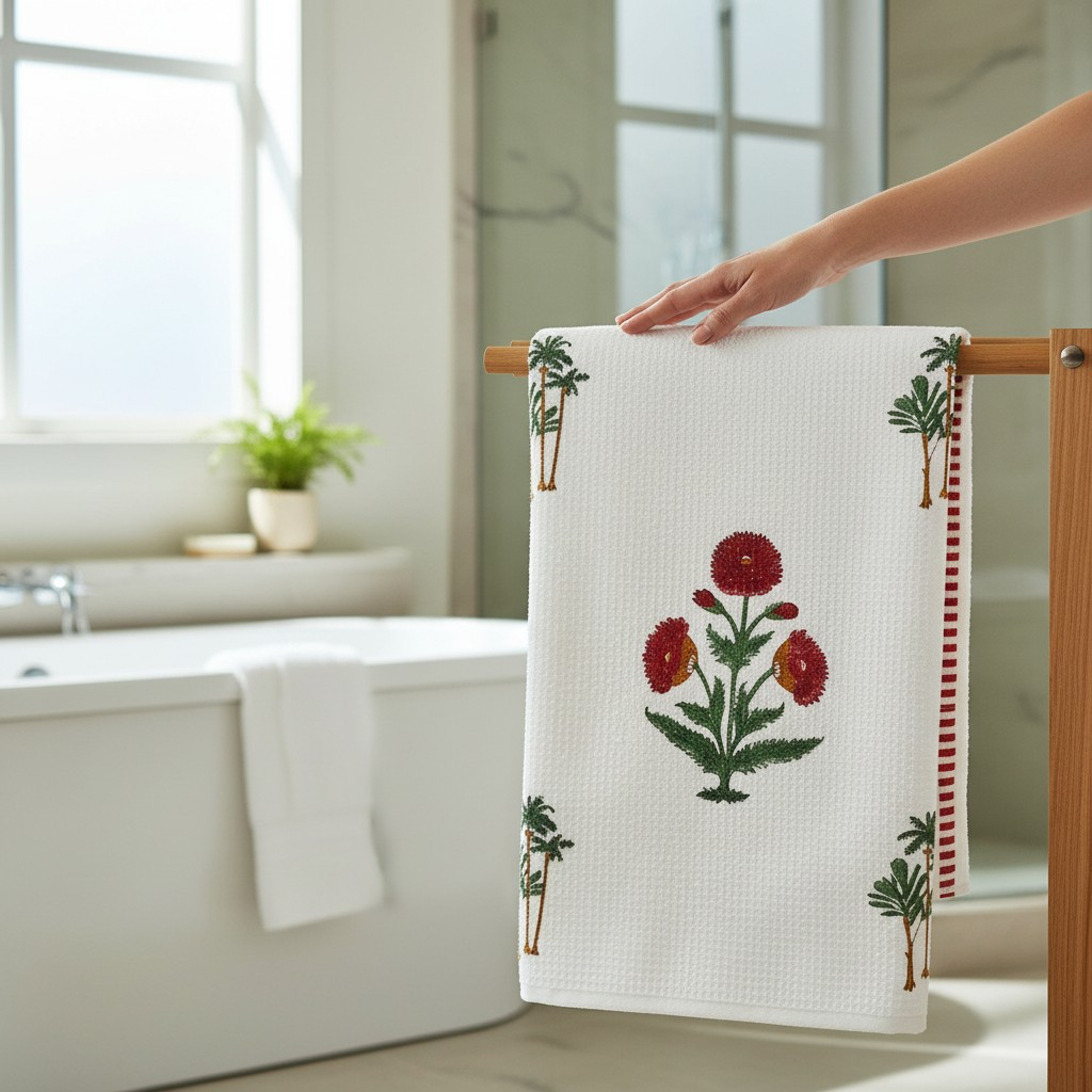 Handblock Printed Waffle Bath Towel