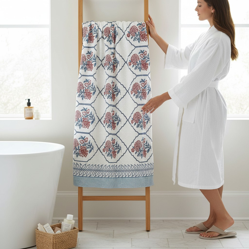 Handblock Printed Waffle Bath Towel