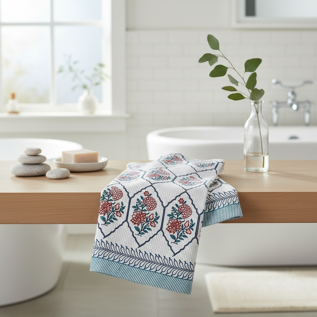 Handblock Printed Waffle Bath Towel