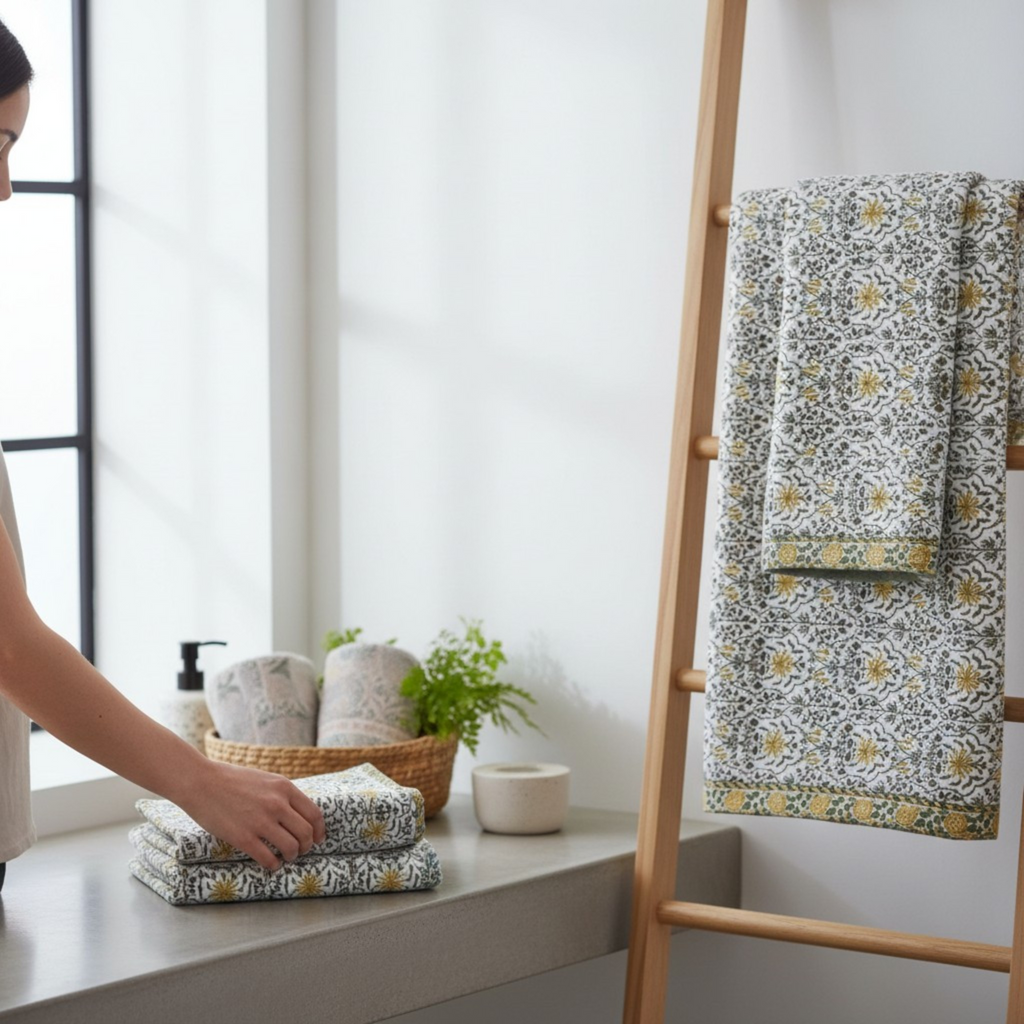 Handblock Printed Waffle Bath Towel