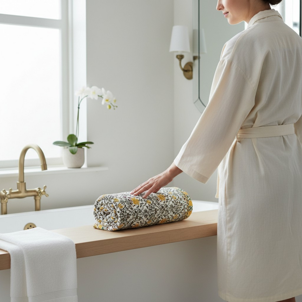 Handblock Printed Waffle Bath Towel