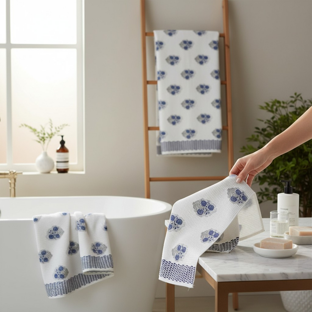 Handblock Printed Waffle Bath Towel