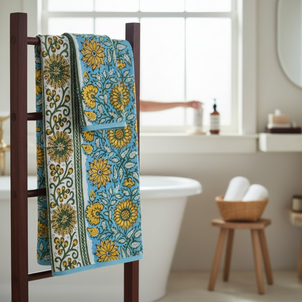 Handblock Printed Waffle Bath Towel
