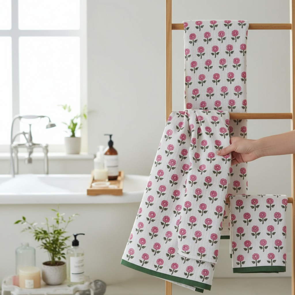 Handblock Printed Waffle Bath Towel