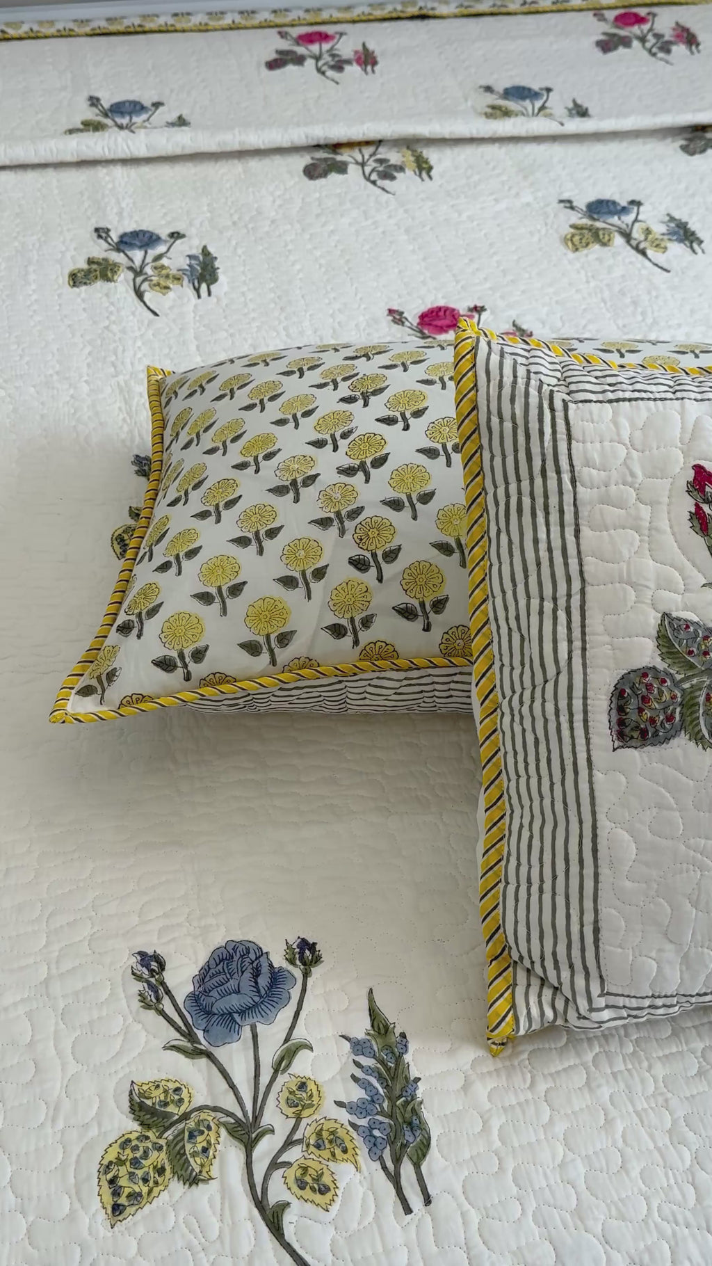 Handblock Printed (Reversible) Quilted Bedspread - Yellow Roses
