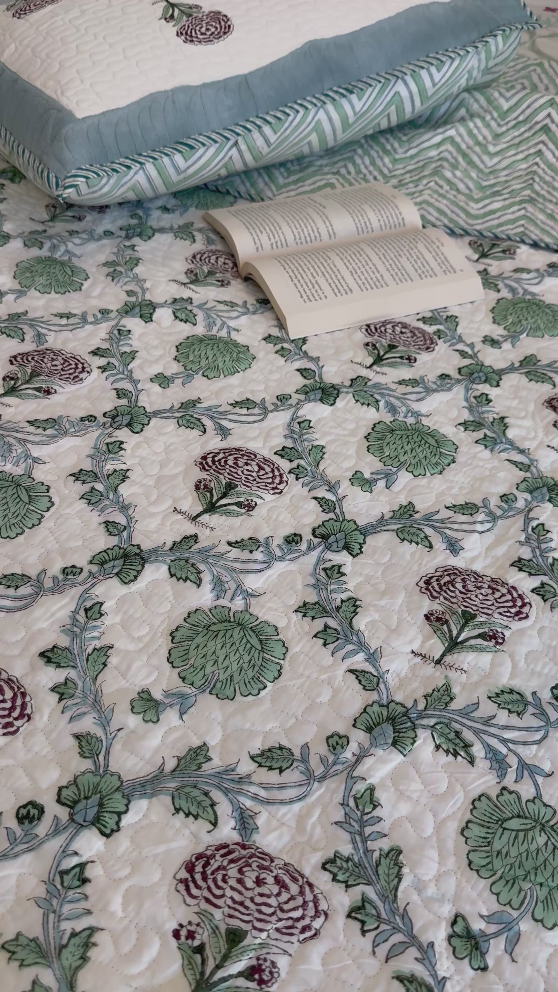Handblock Printed (Reversible) Quilted Bedspread - Floral Blue Green